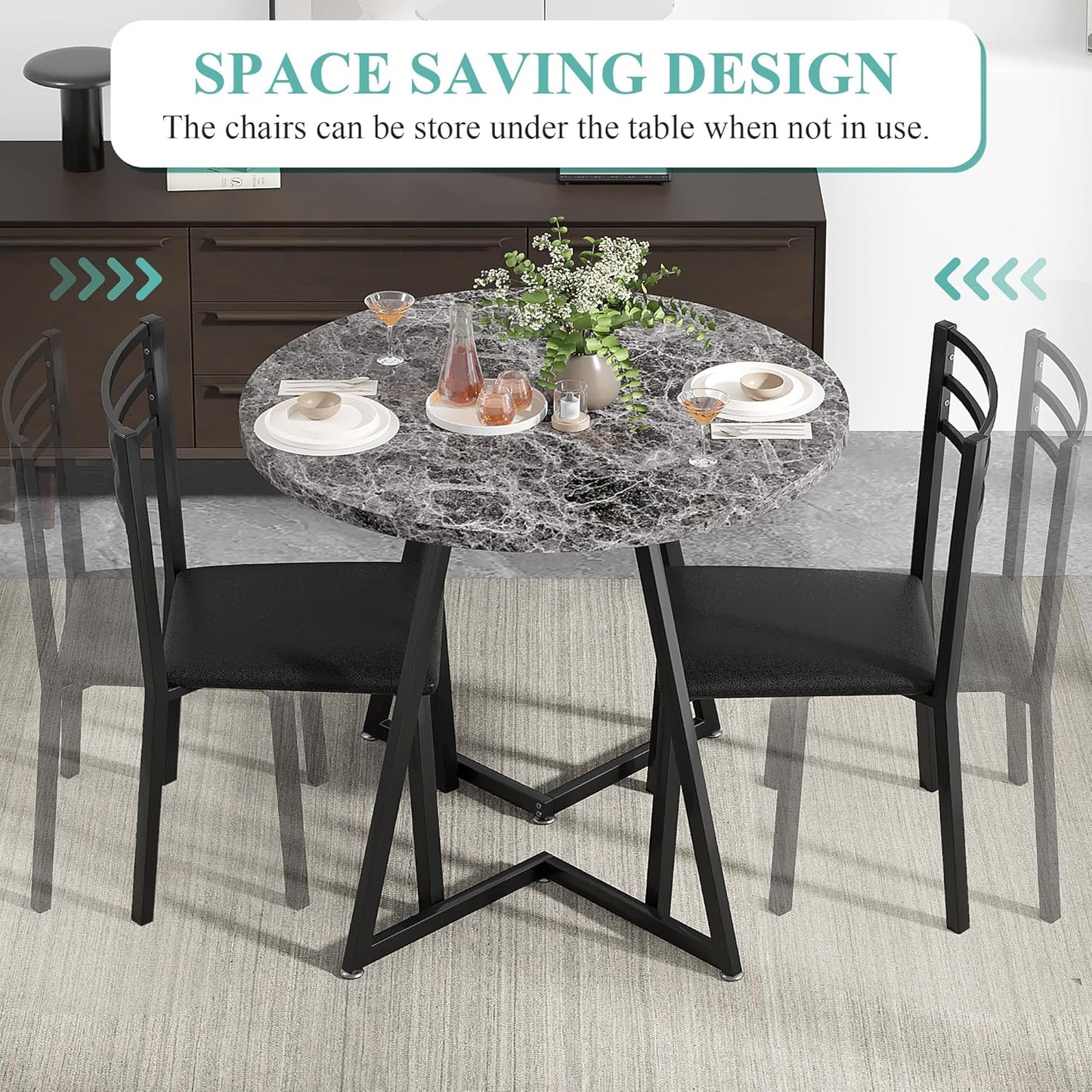 VECELO Small Round Dining Table Set for 2, Wood Tabletop with Strong Metal Frame, Modern Dinette with Chairs for Kitchen, Breakfast Nook Living Room, Faux Marbled & Grey