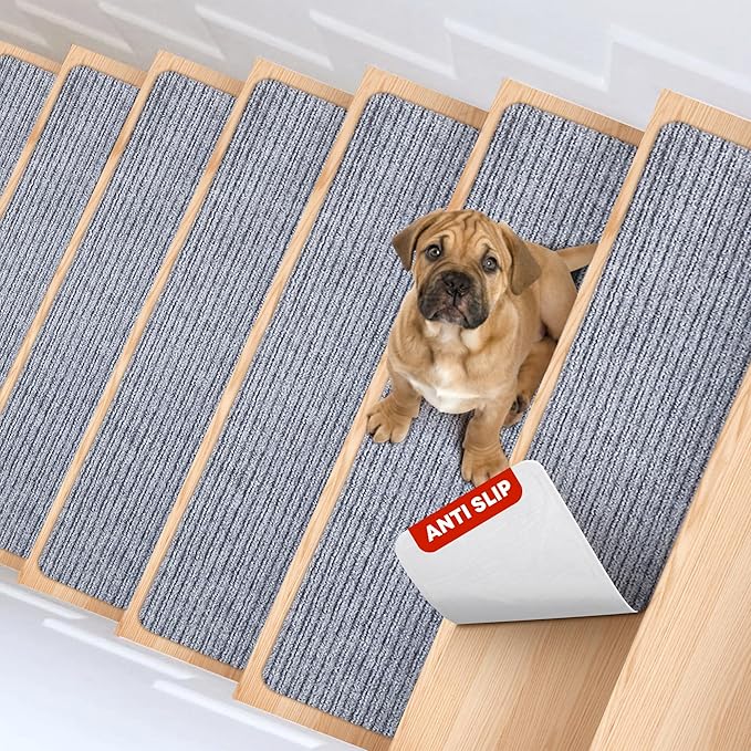 MBIGM 8" X 30" (7 in Pack) Non-Slip Carpet Stair Treads Non-Skid Safety Rug Slip Resistant Indoor Runner for Kids Elders and Pets with Reusable Adhesive - Light Gray