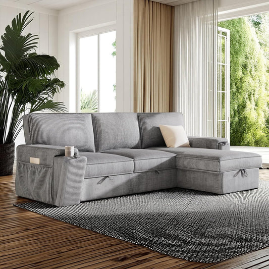 96.1 Inch L-Shaped Convertible Sectional Sleeper Sofa with Pull Out Bed, Storage Bags and 2 Hidden Cup Holders on Arms, Upholstered Corner Couch for Living Room Office Apartment, Gray