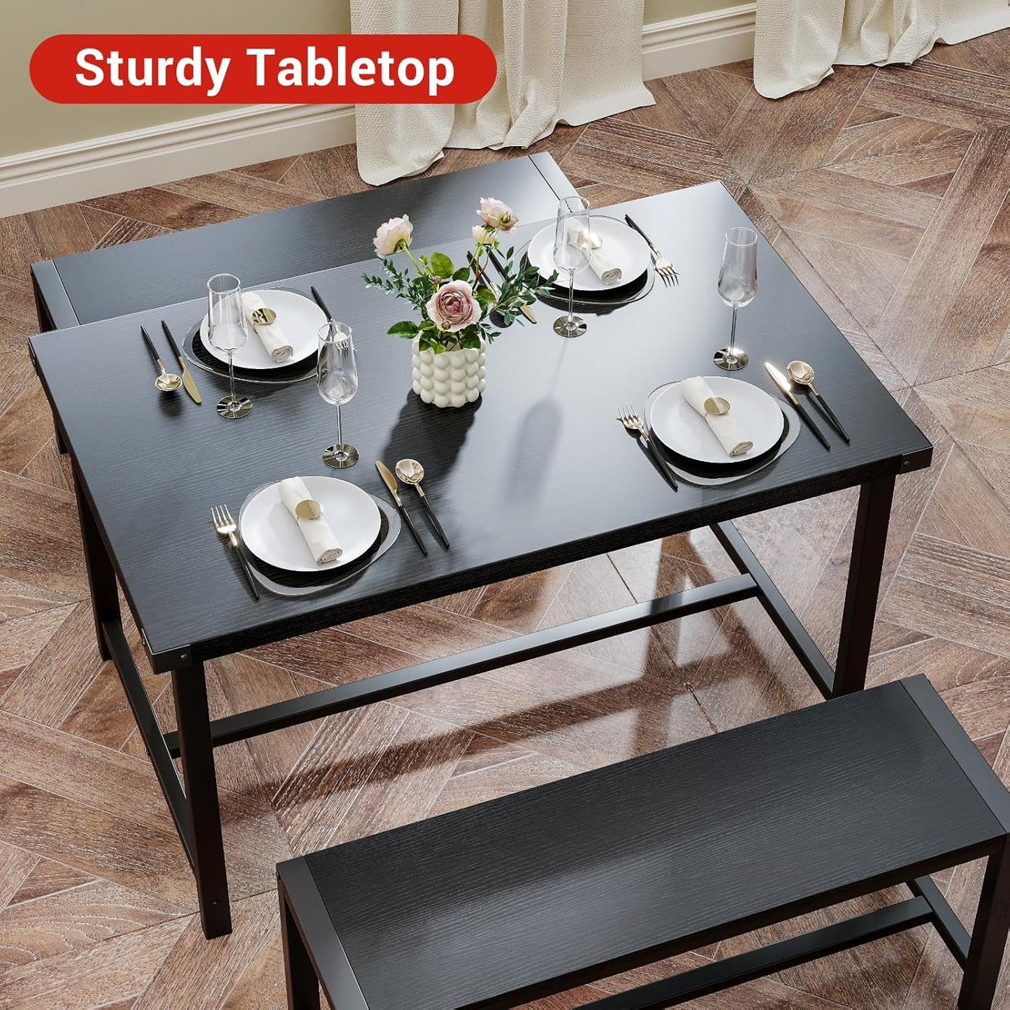 Garvee Dining Table Set for 4, Kitchen Table with Benches, 3 Piece Rectangular Dining Room Set with 2 Wooden Benches for Small Space, Apartment, Studio, Home, Rustic Black