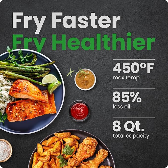Chefman Air Fryer 8 Qt | TurboFry® 4-in-1 with 450°F Hi-Fry Option for Crispier Results | Bake, Dehydrate, Frozen | XL Nonstick Dishwasher-Safe Basket | Stainless Steel
