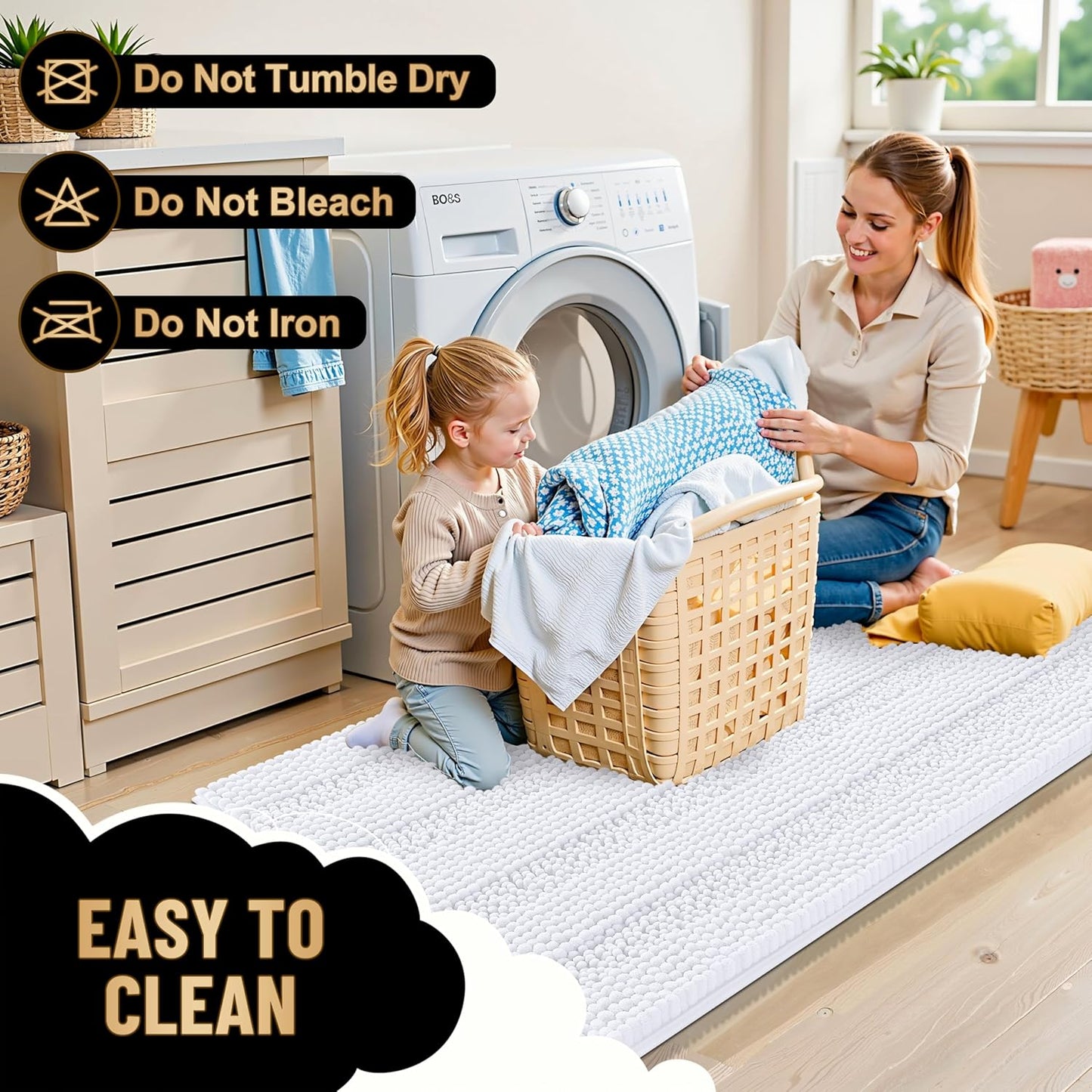 OLANLY Thick Bathroom Rugs 36x24, Extra Soft Absorbent Chenille Striped Bath Rugs, Rubber Backing, Machine Wash Dry, Bath Mats for Bathroom Floor, Tub and Shower, Home Decor Accessories, White