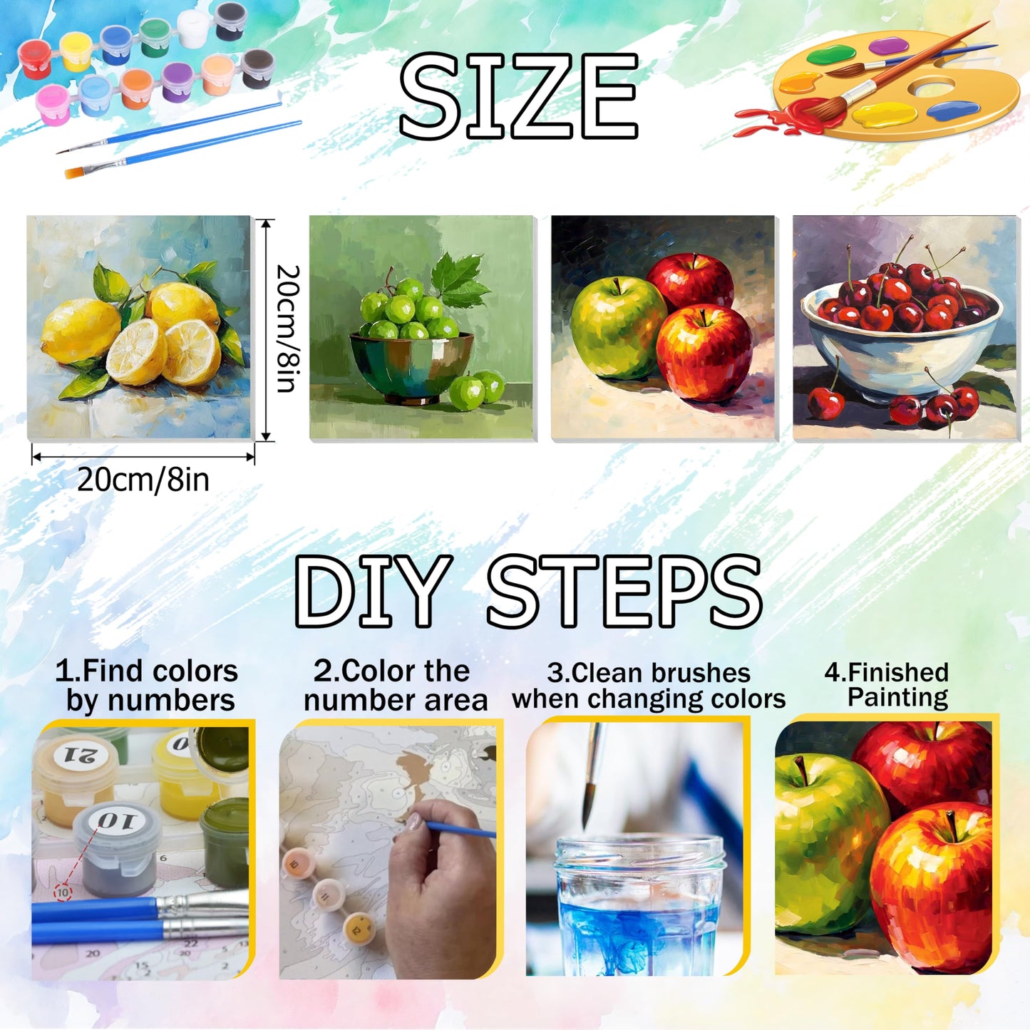 Ycydilirab 4 Pack Fruit Paint by Numbers Kit for Adults with Framed Wooden Easel - Fruit Adult Paint by Number,Paint by Number Canvas for Adults Gifts Home Wall Decor 8×8 inch