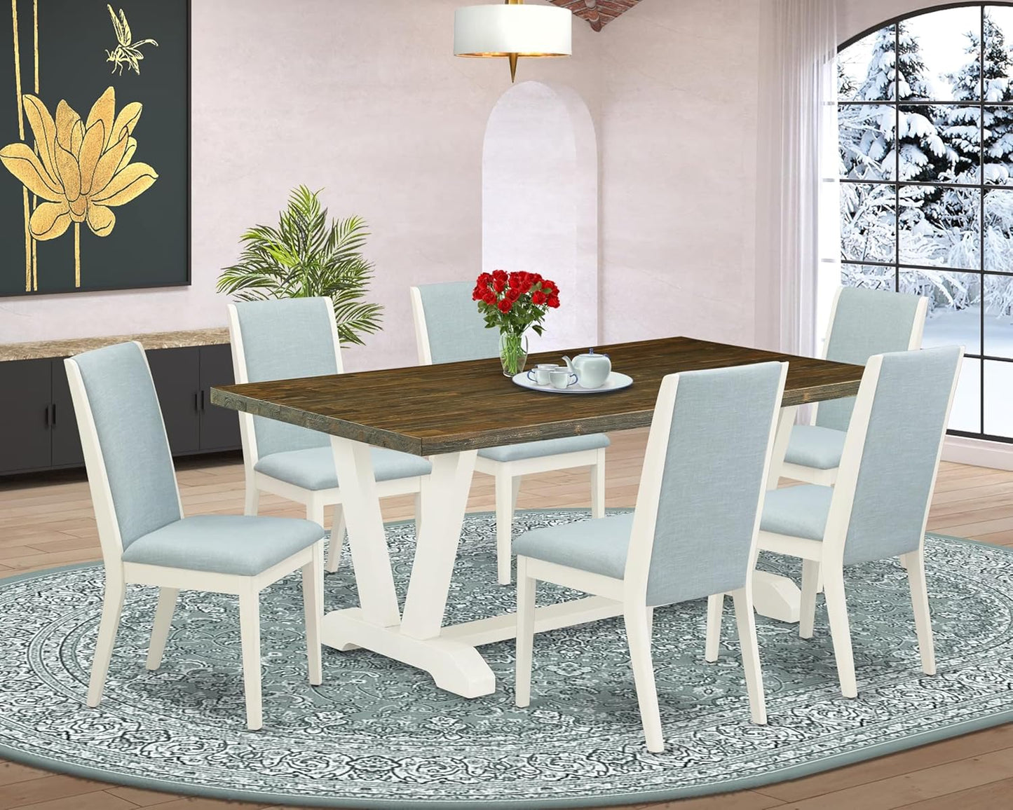 East West Furniture V077LA015-7 7 Piece Dining Table Set Consist of a Rectangle Kitchen Table with V-Legs and 6 Baby Blue Linen Fabric Upholstered Chairs, 40x72 Inch, Multi-Color