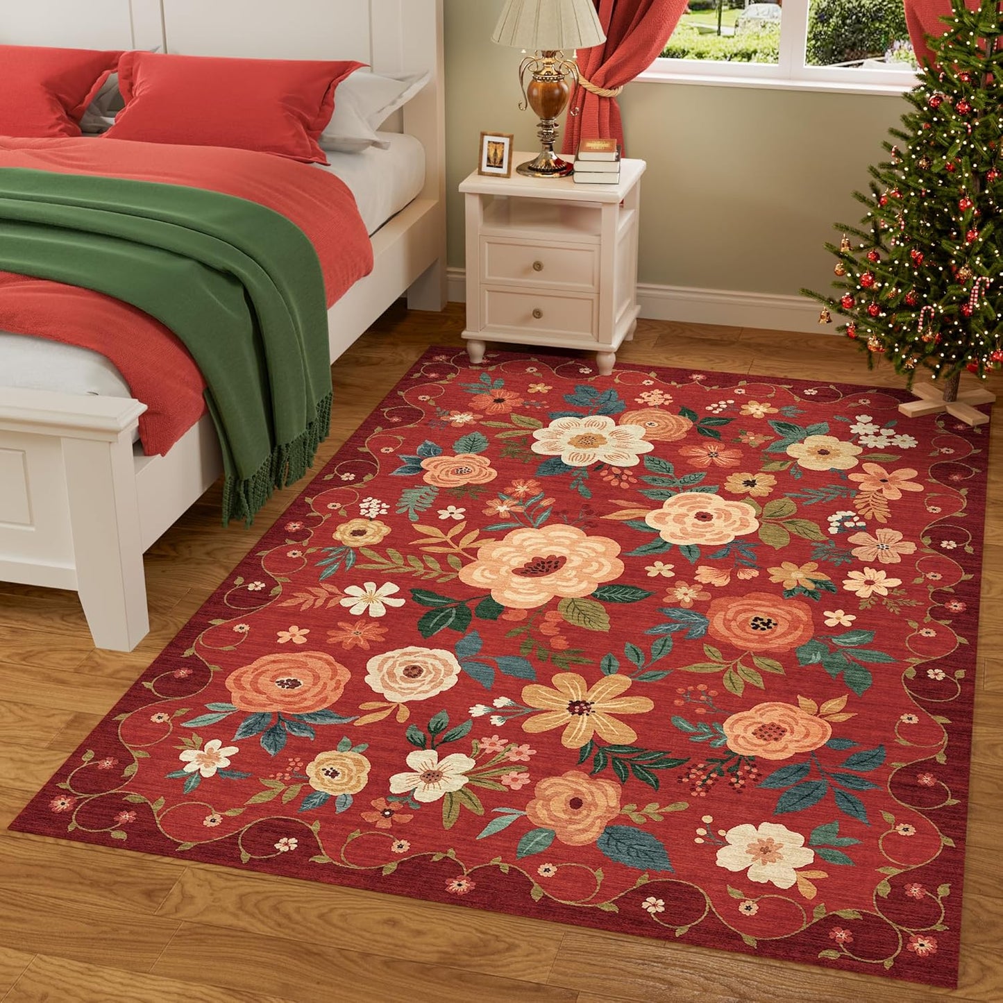 DUKINO 5x7 Area Rug, Floral Rugs for Living Room, Lightweight Non Slip Washable Rug, Indoor Low Pile & Non-Shedding Boho Design Rugs for Bedroom, Living Room, Dining Room, Red