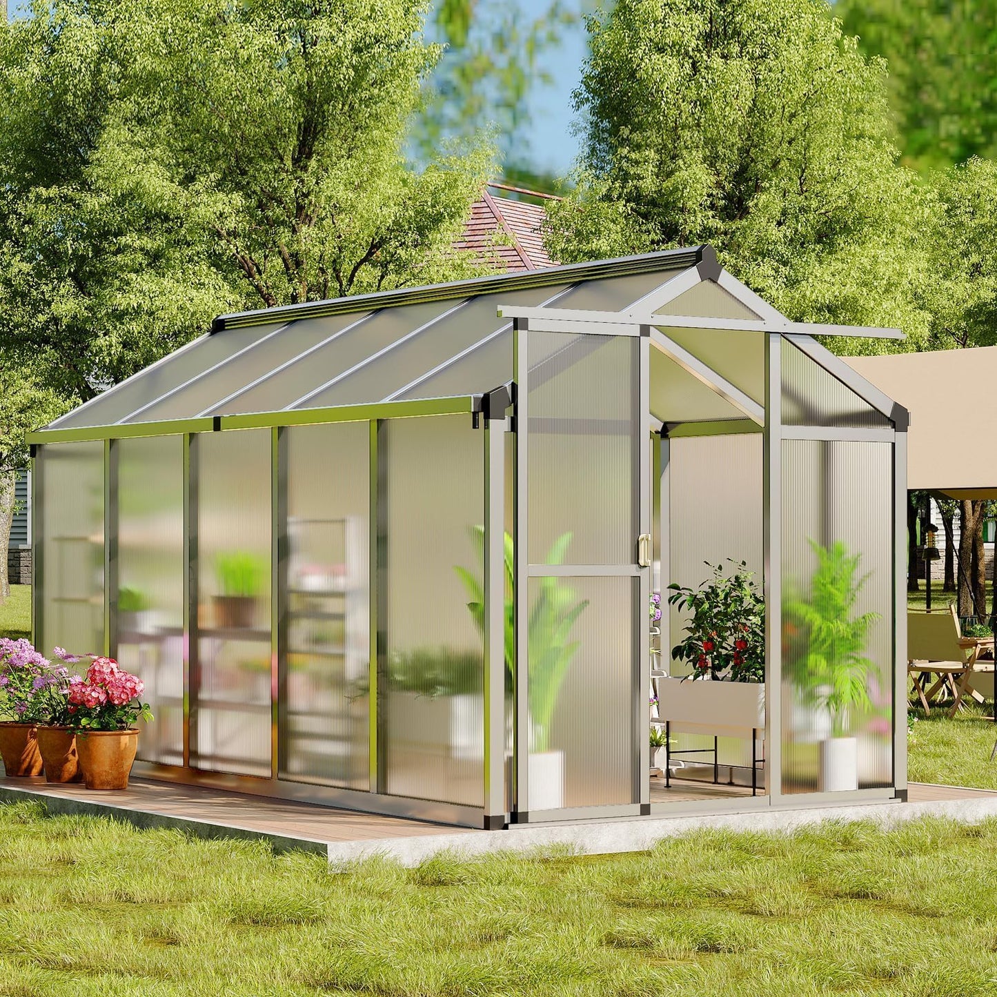 6x10 FT Greenhouse, Outdoor Sliding Door, Polycarbonate Greenhouse with Aluminum Frame, Lockable Door and Ajustable Roof Vent for Backyard, Outside Garden Backyard, Patio, Silver