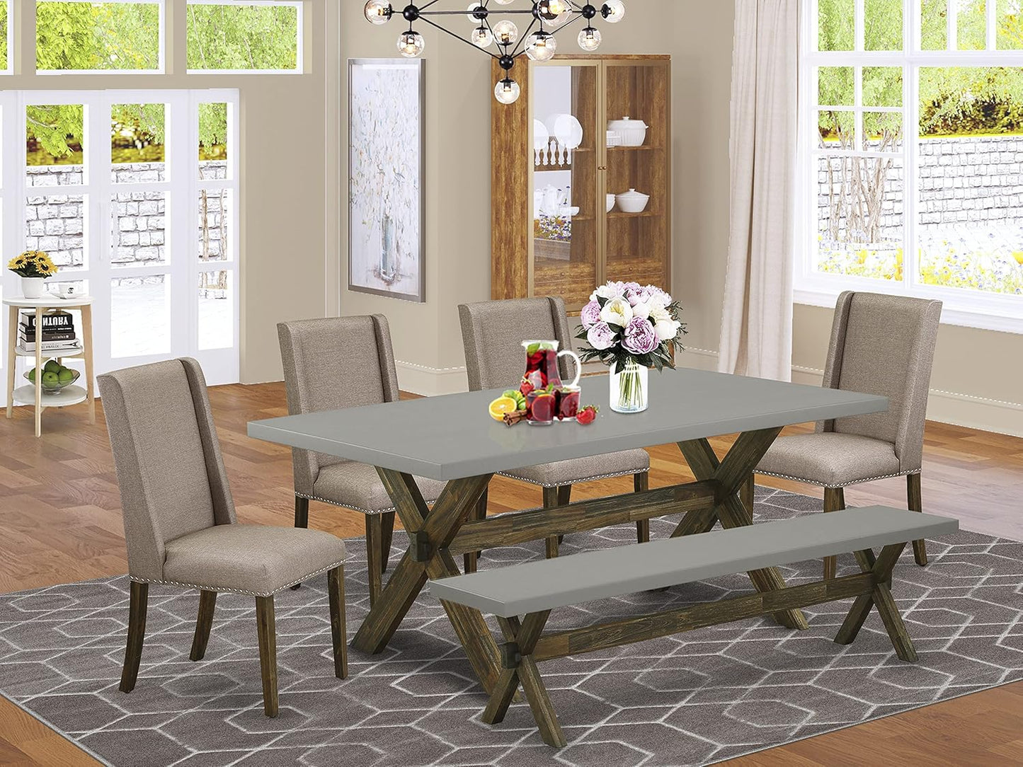 East West Furniture X797FL716-6 6 Piece Dining Table Set Contains a Rectangle Kitchen Table with X-Legs and 4 Dark Khaki Linen Fabric Parson Chairs with a Bench, 40x72 Inch, Multi-Color