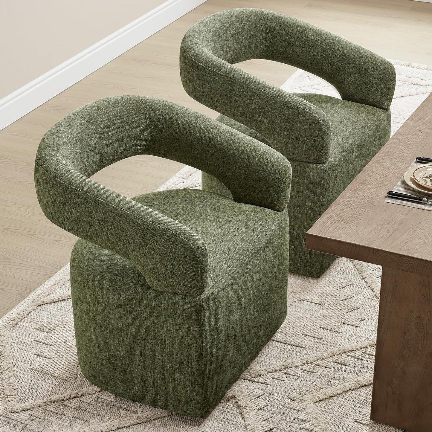 Upholstered Dining Chairs with Removable Casters Barrel Side Armchair with Rollers for Diningroom Bedroom Livingroom Reading Room, Green, 2PCS