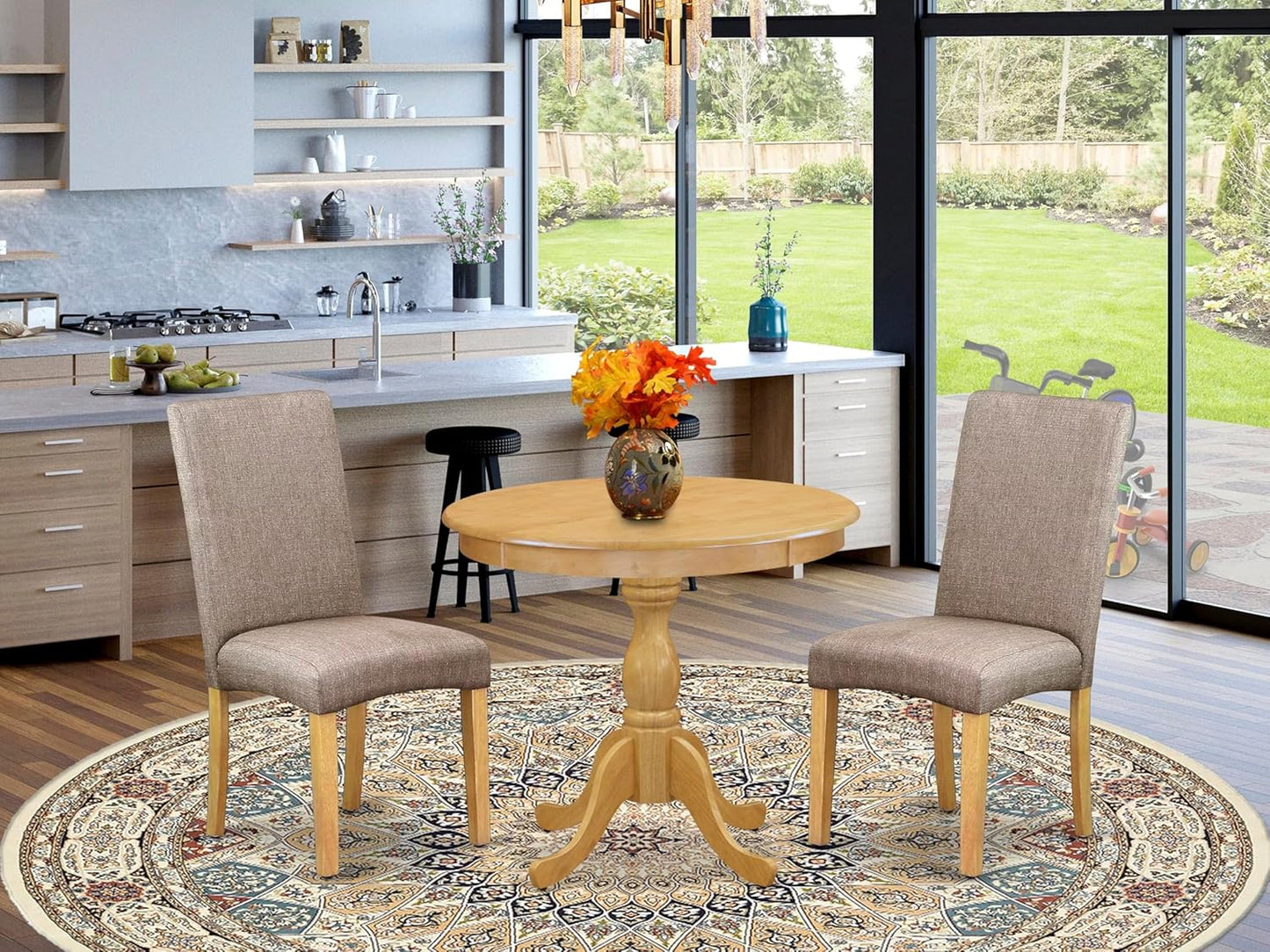 East West Furniture AMDR3-OAK-16 3 Piece Dining Room Table Set Contains a Round Kitchen Table with Pedestal and 2 Dark Khaki Linen Fabric Parsons Dining Chairs, 36x36 Inch, Oak