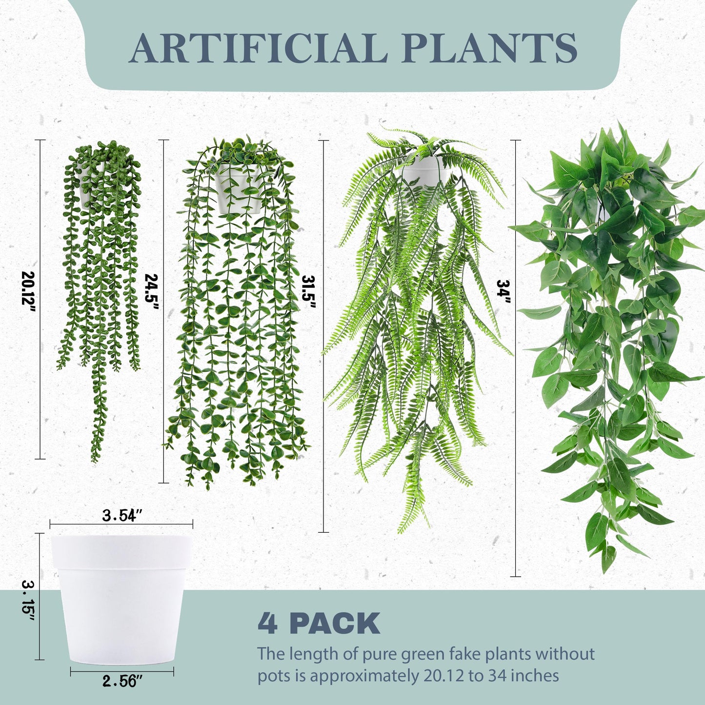 Der Rose 4Pcs Fake Plants Hanging Artificial Ivy Vine Faux Eucalyptus Hanging Plants, Boston Fern, String of Pearls for Living Room Bedroom Boho Wall Shelf Indoor Outdoor Decor (White Pots)