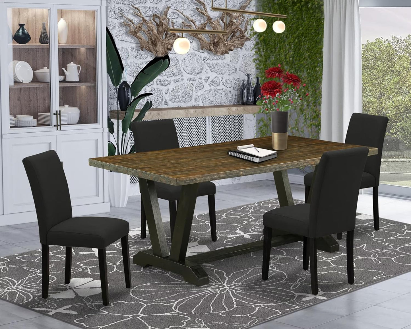 East West Furniture V677AB624-5 5 Piece Dinette Set Includes a Rectangle Dining Room Table with V-Legs and 4 Black Color Linen Fabric Parsons Dining Chairs, 40x72 Inch, Multi-Color