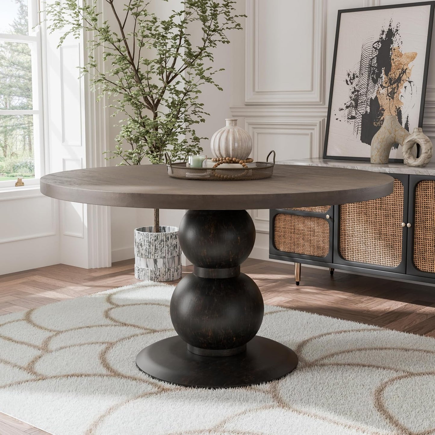 Furniture of America Lioren Modern 54-inch Round Dining Table with Turned Pedestal Base and Two-Tone Design, Seats up to 4 for Home Kitchen, Living Room, Espresso