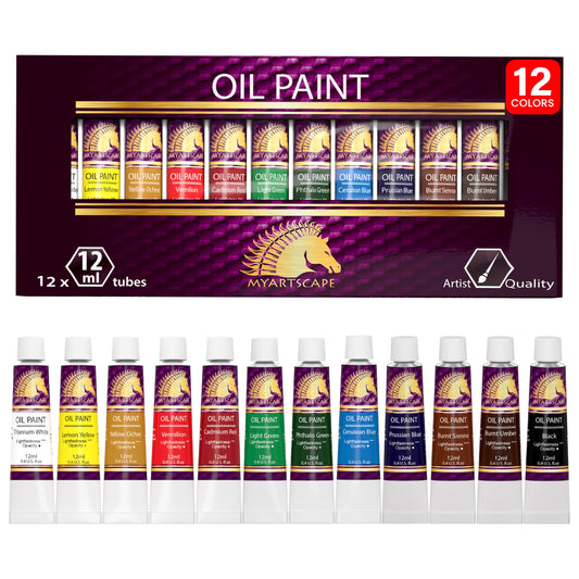 MyArtscape Oil Paint Set, 12 Colors, 12 x 0.4 fl oz (12 ml) Tubes, Lightfast Heavy Body High Pigment Oil Paints, Non Fading Vibrant Colors, Artist Quality Professional Painting Supplies