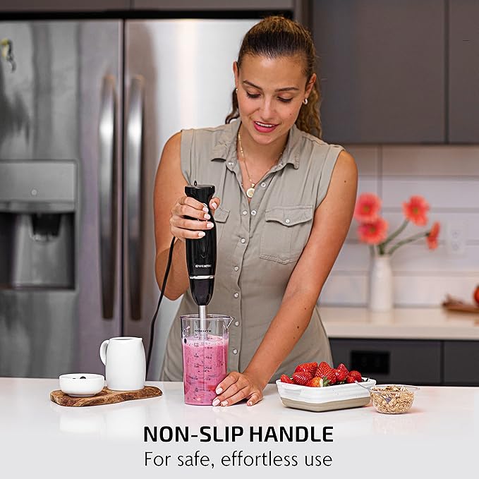 OVENTE Immersion Hand Blender Set, 300W Corded Electric Handheld Stick Mixer, 2 Mixing Speeds with Stainless Steel Blades, Egg Whisk, Beaker & BPA-Free Food Chopper, Black HS565B