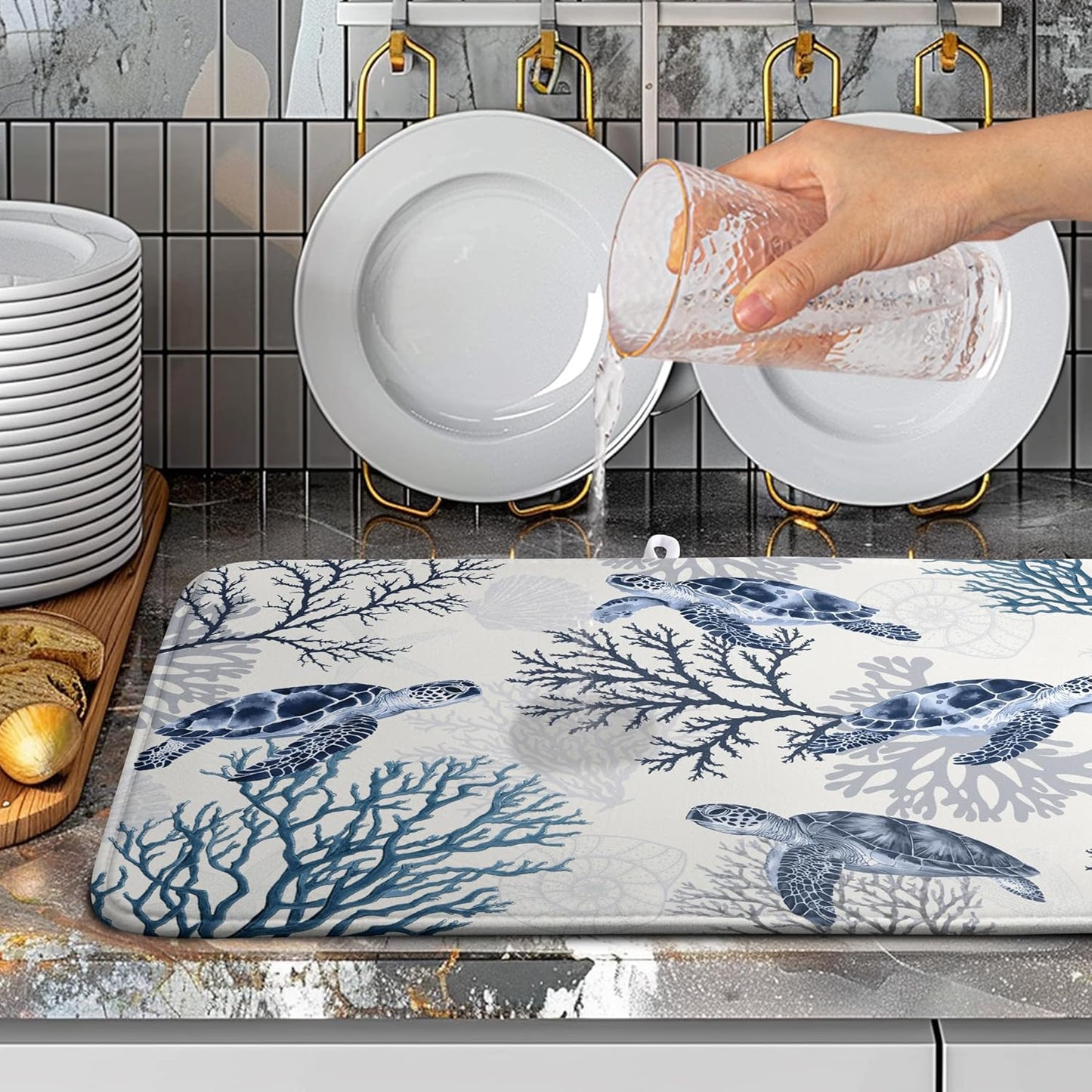 Summer Nautical Coastal Dish Drying Mat for Kitchen Counter Ocean Coral Sea Turtle Drying Rack Mats Beach Blue Dishes Drainer Mat Absorbent Microfiber Large Dish Draining Pad 18x24 Inch