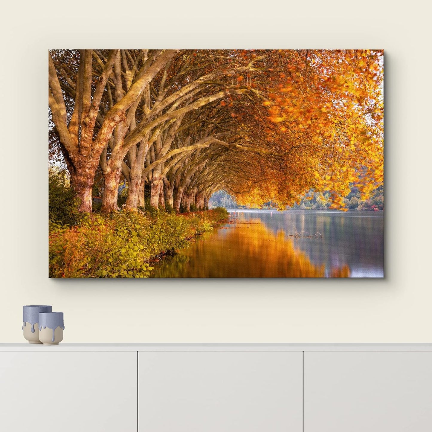 wall26 Canvas Print Wall Art Autumn Fall Orange Leaf Forest Lake Nature Wilderness Photography Realism Earth Scenery Rustic Scenic Landscape Colorful for Living Room, Bedroom, Office - 32"x48"