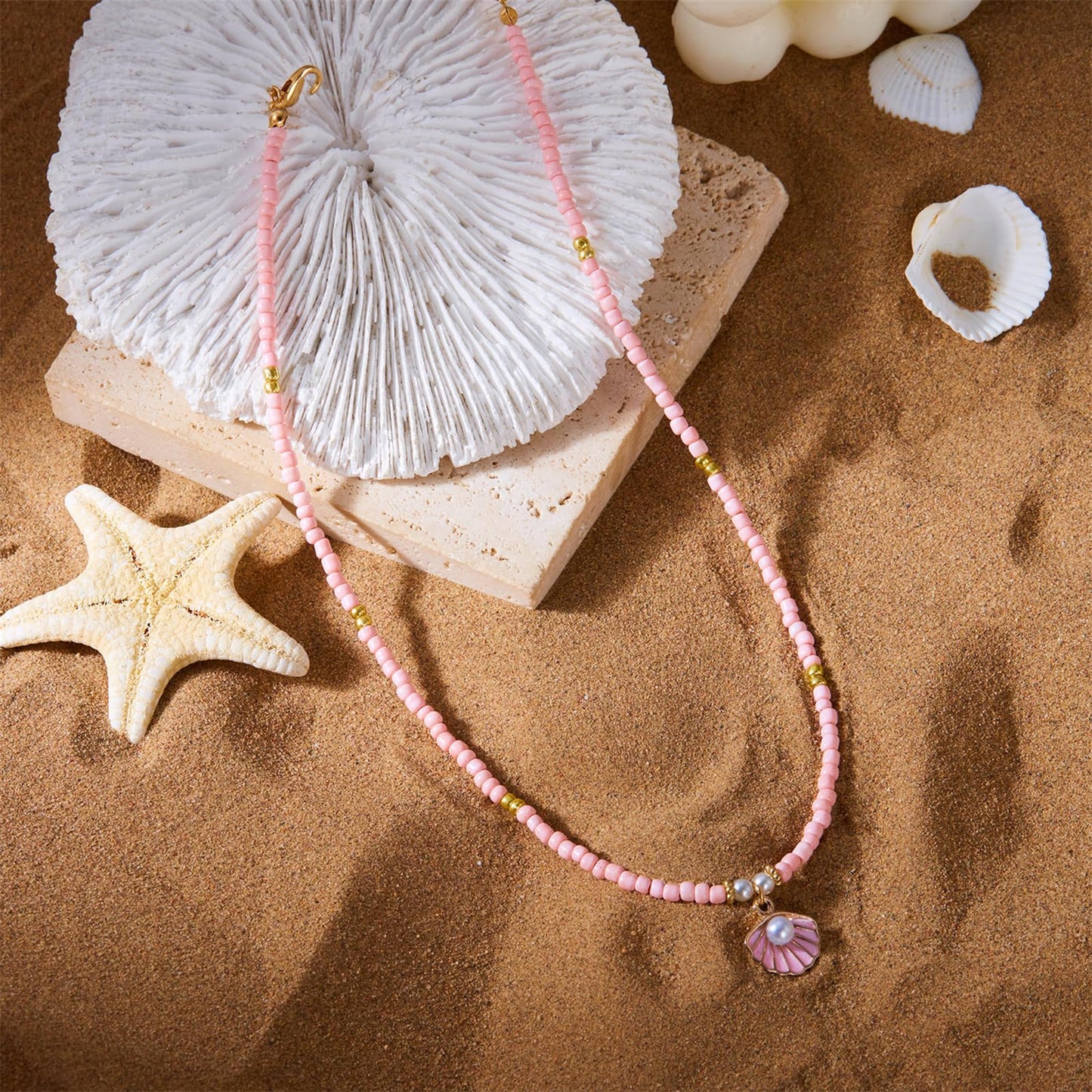 Seashell Pearl Pendant Necklace Gold Plated Boho Enamel Pink Blue Scallop Sea Shell Starfish Ocean Animal Chain Necklace for Women Hawaiian Summer Beach Holiday Fashion Jewelry Gifts (Pink beaded necklace)