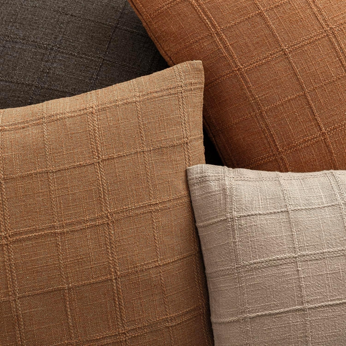 Foindtower Set of 2 Decorative Linen Check Throw Pillow Covers Neutral Farmhouse Vintage Cushion Covers Modern Boho Home Decor for Sofa Chair Couch Bedroom Living Room Outdoor,26×26 Inch,Brick