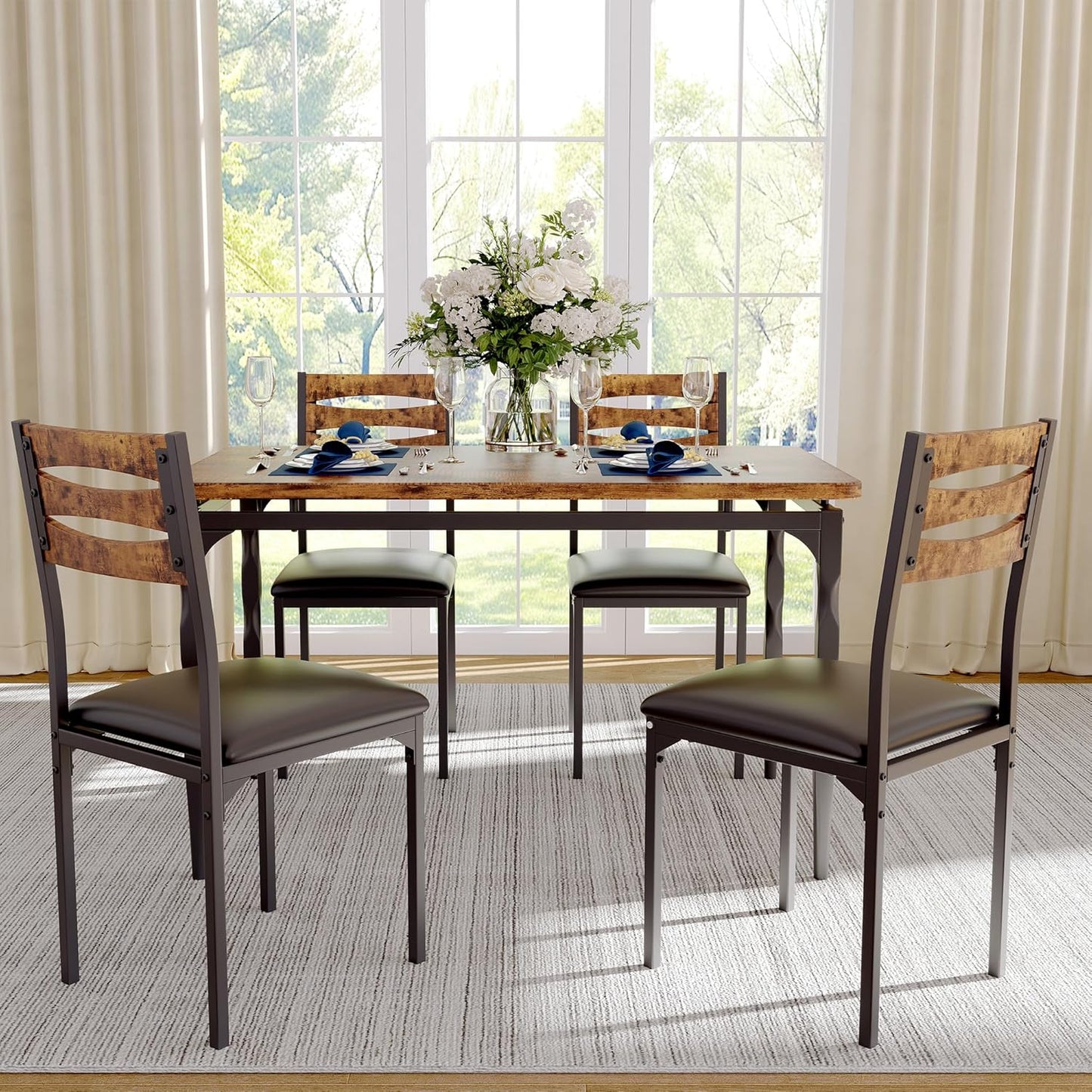 GarveeHome 5 Piece Dining Table Set, Industrial Style Dining Table and Chairs Set for 4, Kitchen Table Set for Dining Room Kitchen Apartment, Brown