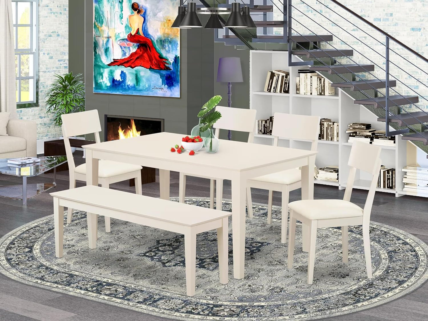 East West Furniture CAAD6-LWH-LC 6 Piece Dining Table Set Contains a Rectangle Dining Room Table and 4 Faux Leather Upholstered Chairs with a Bench, 36x60 Inch, Linen White