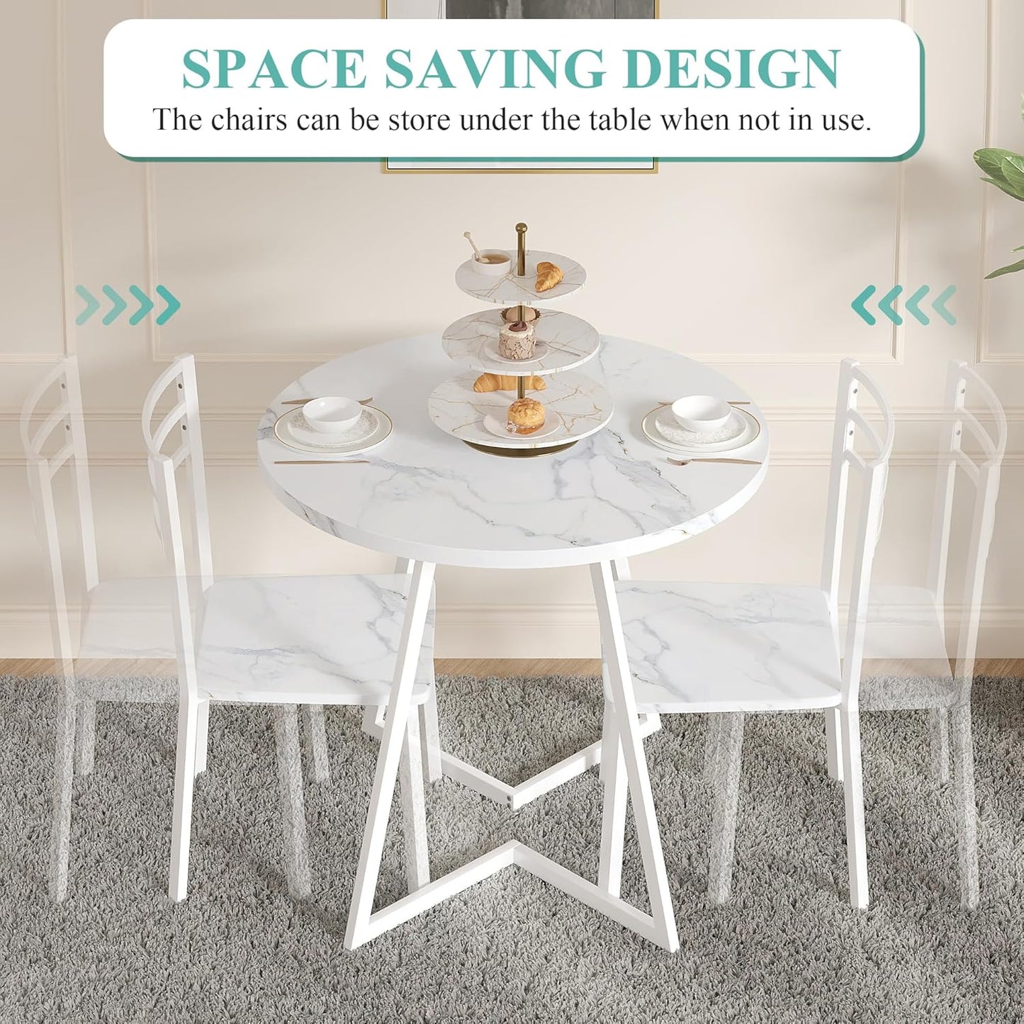 VECELO Small Round Dining Table Set for 2, Wood Tabletop with Strong Metal Frame, Modern Dinette with Chairs for Kitchen, Breakfast Nook Living Room, Faux Marbled & White