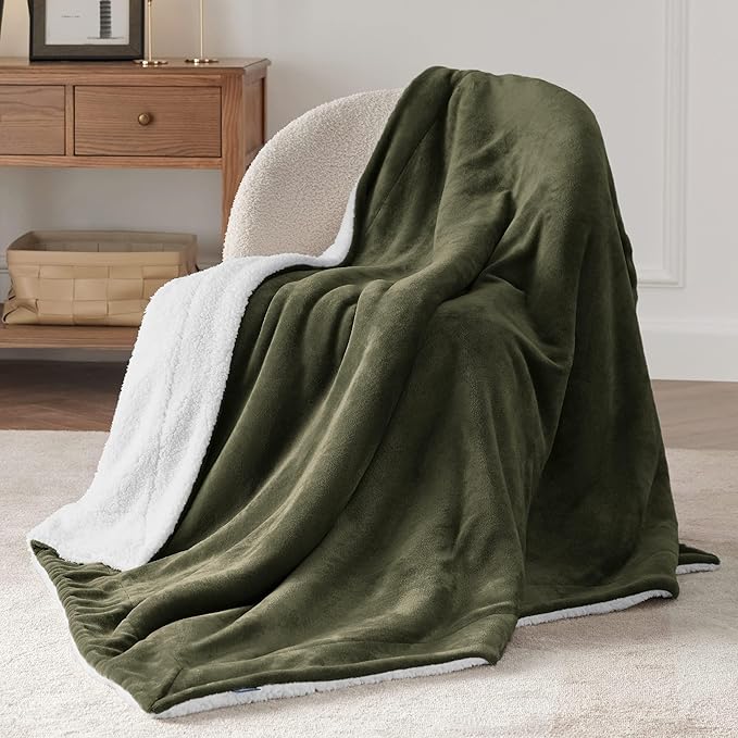 Bedsure GentleSoft Sherpa Fleece Throw Blanket Twin Size for Couch - Thick and Warm Throw for Women and Men, Soft Fuzzy Plush Twin Blanket for Winter, Non-Heated, Olive Green, 60x80 Inches