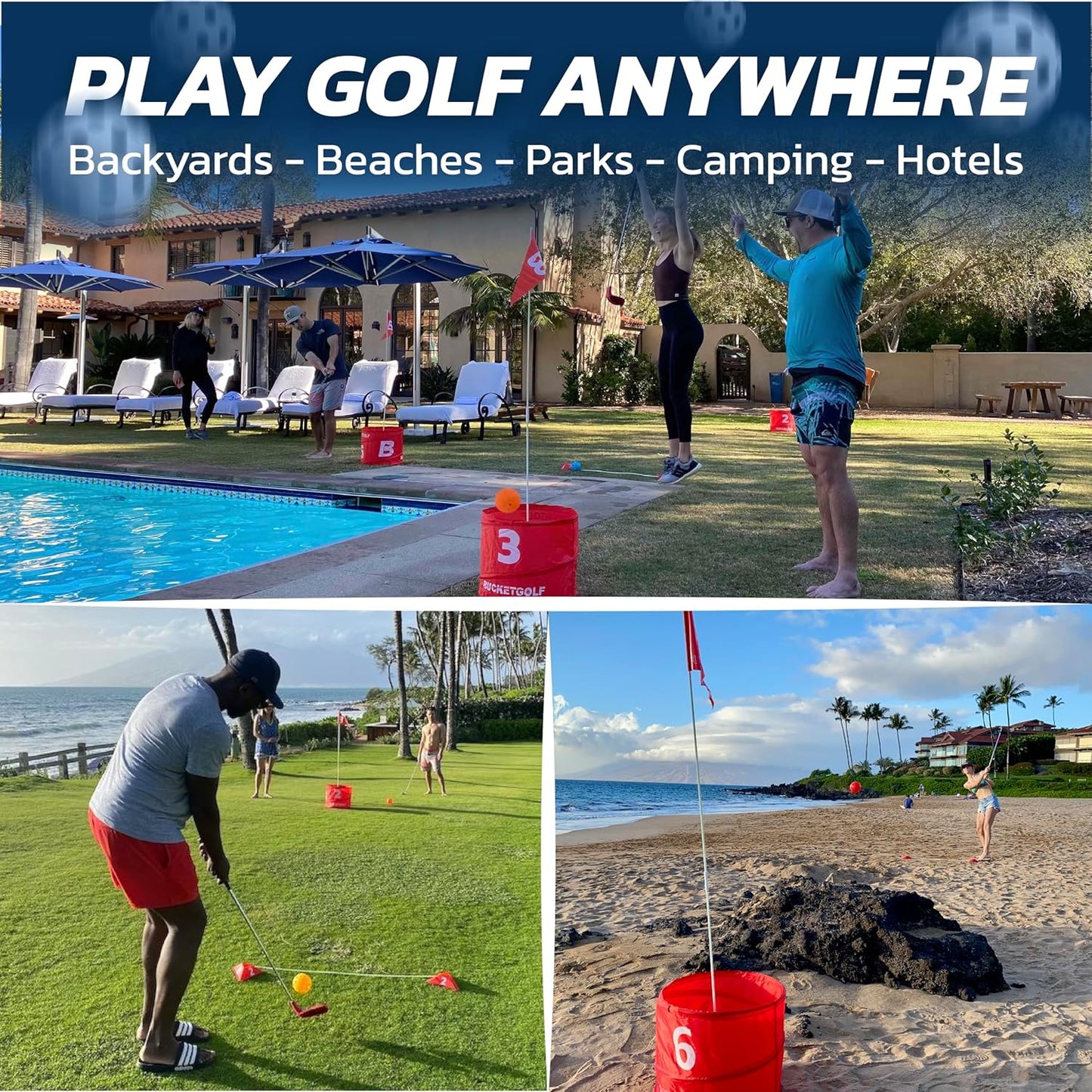 bucketgolf 9 Hole Bundle - Outdoor Golf Game for All Ages. Adults, Kids, Family. Play Anywhere - Yards, Beach, Park, Backyard. Includes 2 Clubs (1 RH + 1 LH)