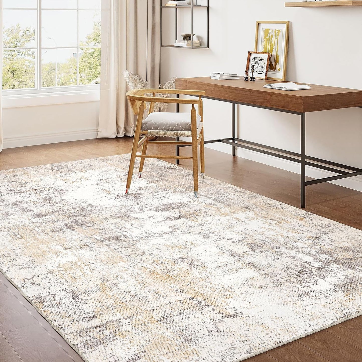 4x6 Washable Area Rug Beige Grey Neutral Abstract Entryway Kitchen Non Slip Low Pile Throw Rug Living Room Bedroom Indoor Doormat Soft Carpet for Entrance Bathroom Office