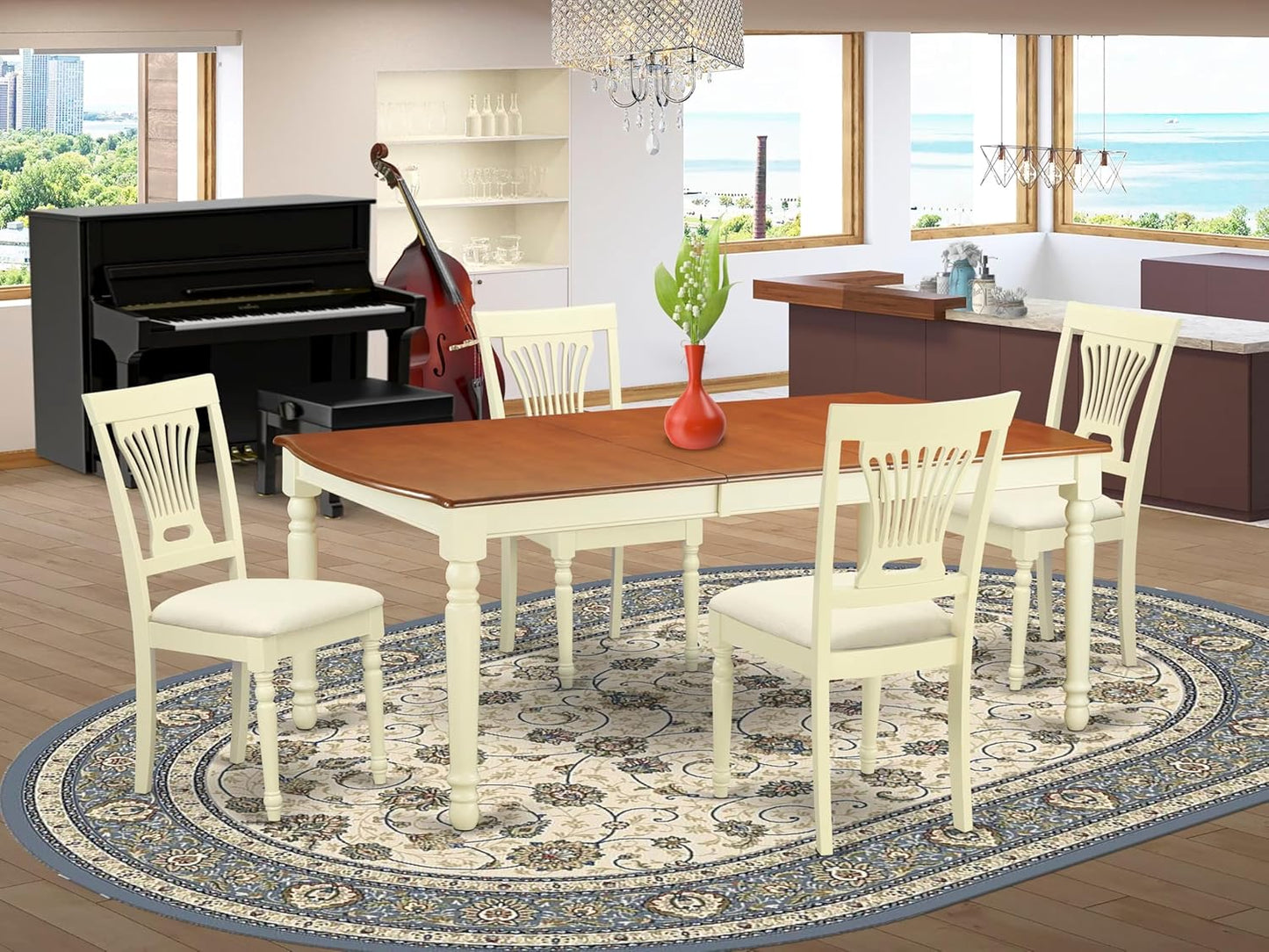 East West Furniture DOPL5-WHI-C 5 Piece Dinette Set for 4 Includes a Rectangle Dining Room Table with Butterfly Leaf and 4 Linen Fabric Kitchen Dining Chairs, 42x78 Inch, Buttermilk & Cherry