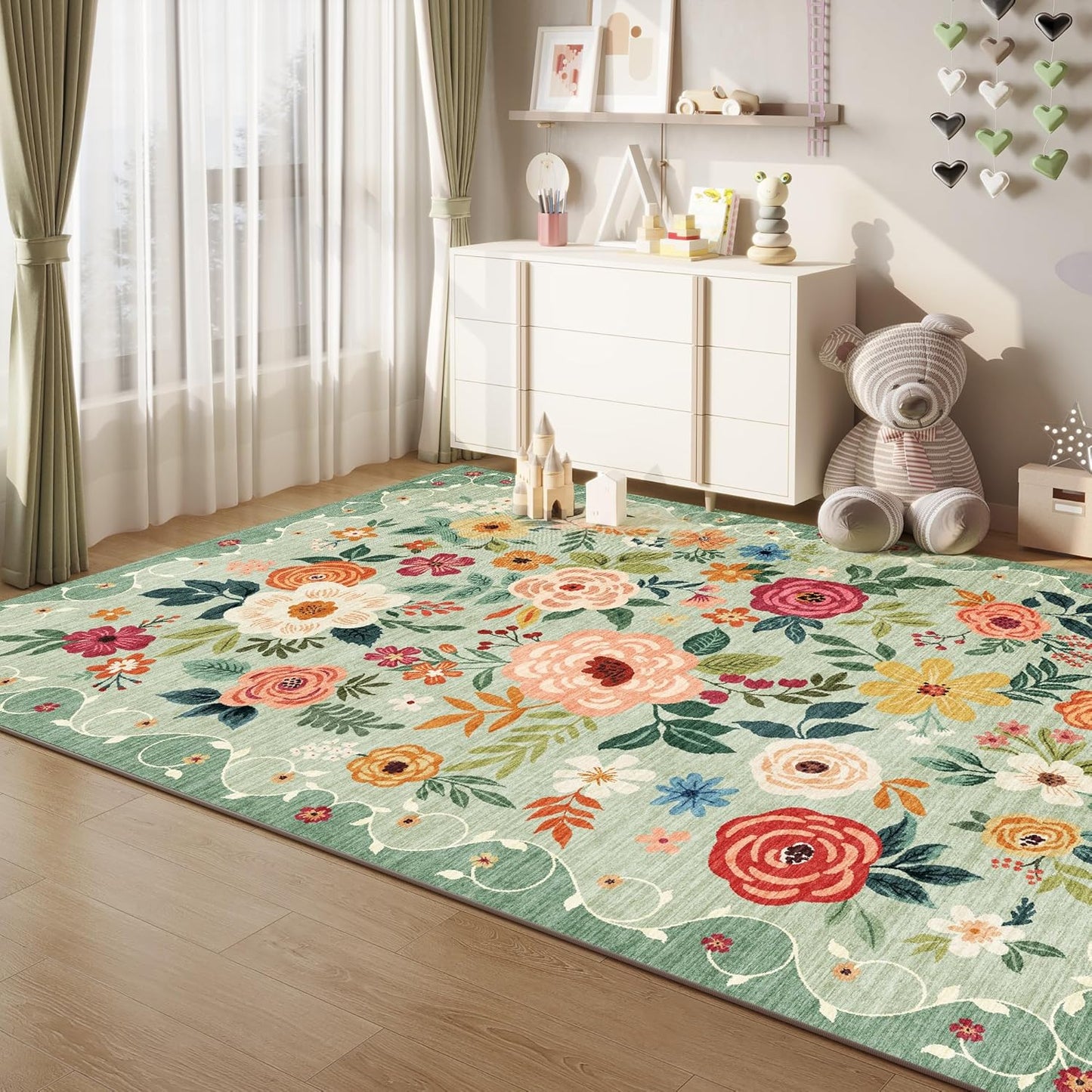 DUKINO 8x10 Area Rug, Floral Rugs for Living Room, Lightweight Non Slip Washable Rug, Indoor Low Pile & Non-Shedding Boho Design Rugs for Bedroom, Living Room, Dining Room, Green