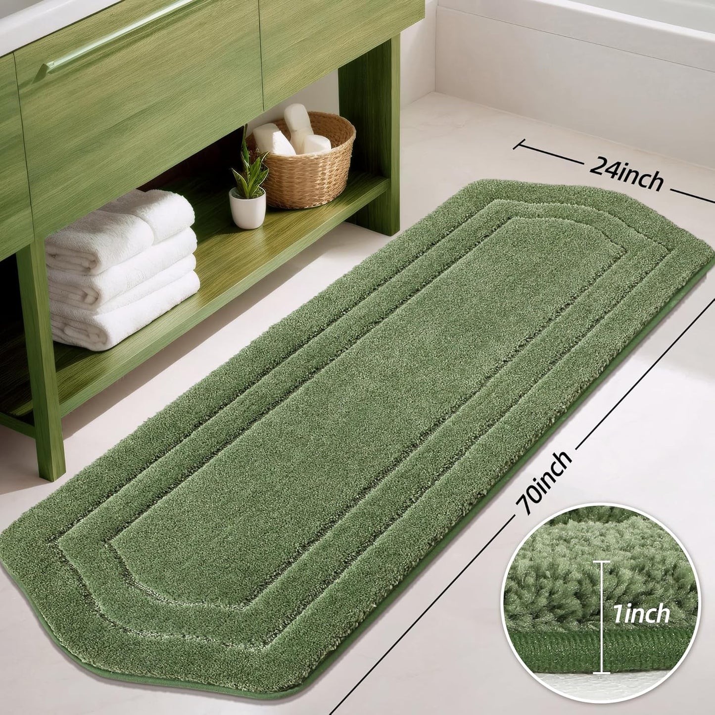 COSY HOMEER Bathroom Rugs Mat 24”x70” Absorbent Non-Slip Bath Mat, Plush Shaggy Bathroom Runner, Machine Washable Large Soft Bath Mats for Bath Floor,Tub and Shower,Green