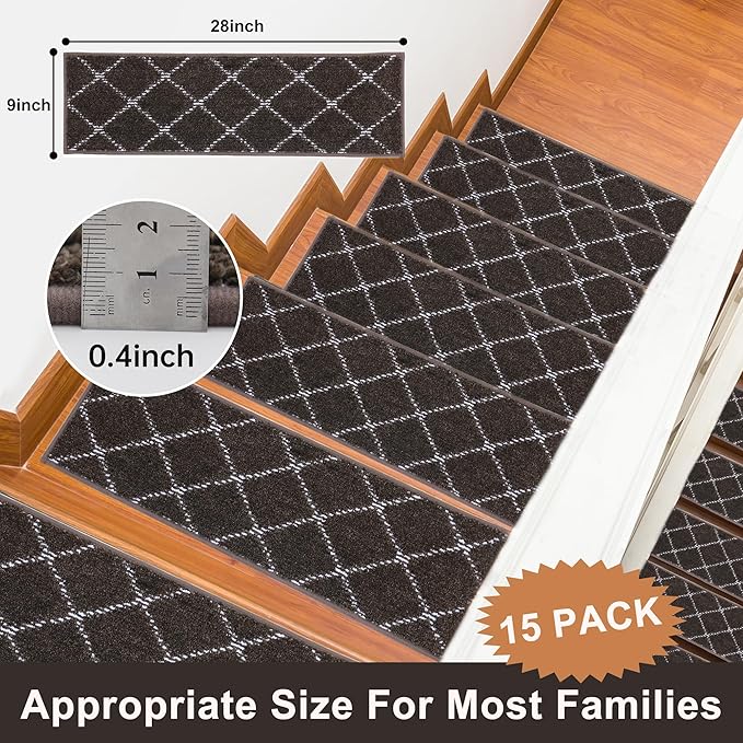 BEQHAUSE Non Slip Stair Treads - Machine Washable, Soft Stair Carpet Treads for Wooden Steps, 28inX9in, 15PCS, Brown