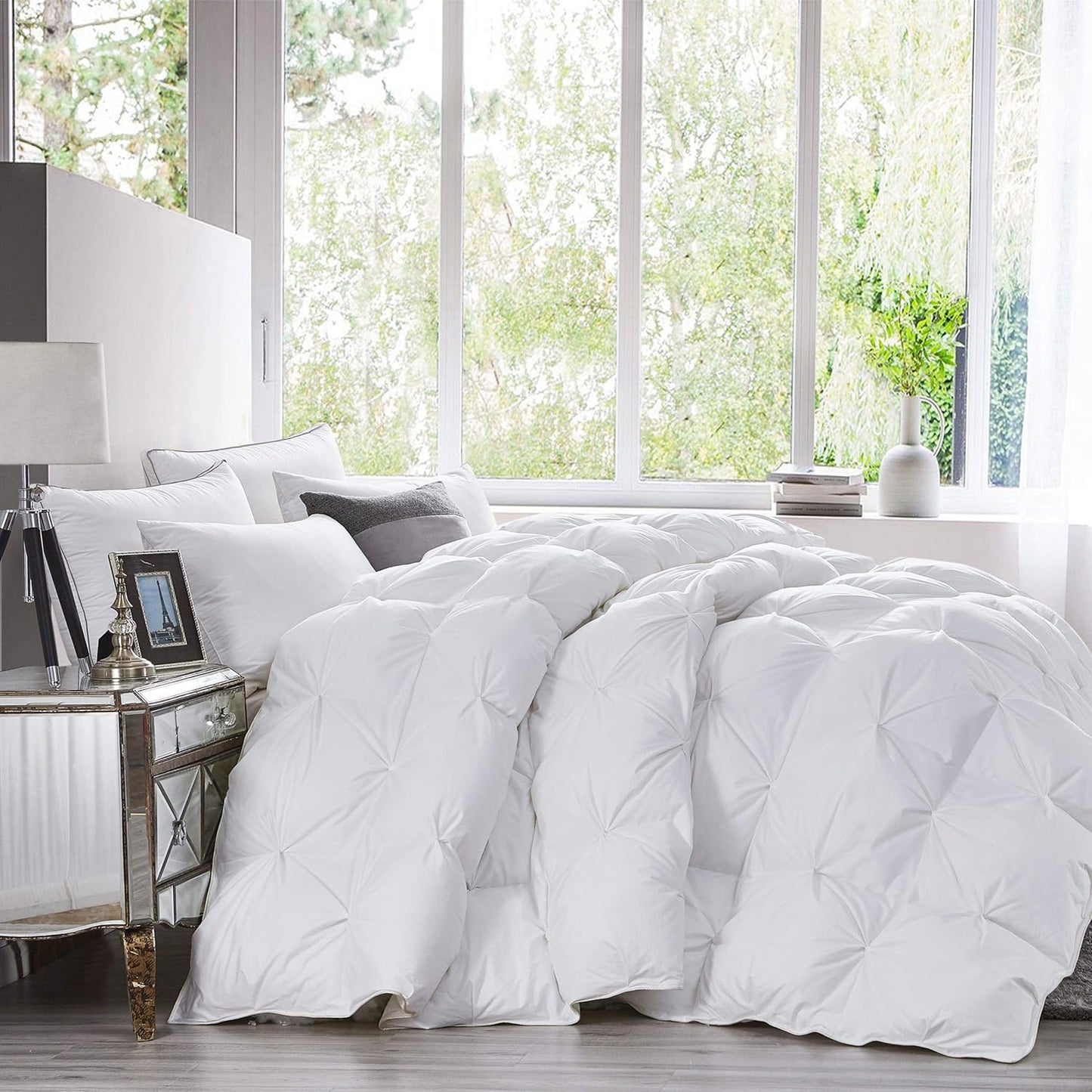 Luxurious All-Season Goose Down Fiber Waterfowl Feather Fiber Comforter King Size Duvet Insert, Exquisite Pinch Pleat Design, Premium Baffle Box, 100% Cotton Cover, 65 oz. Fill Weight, White Color