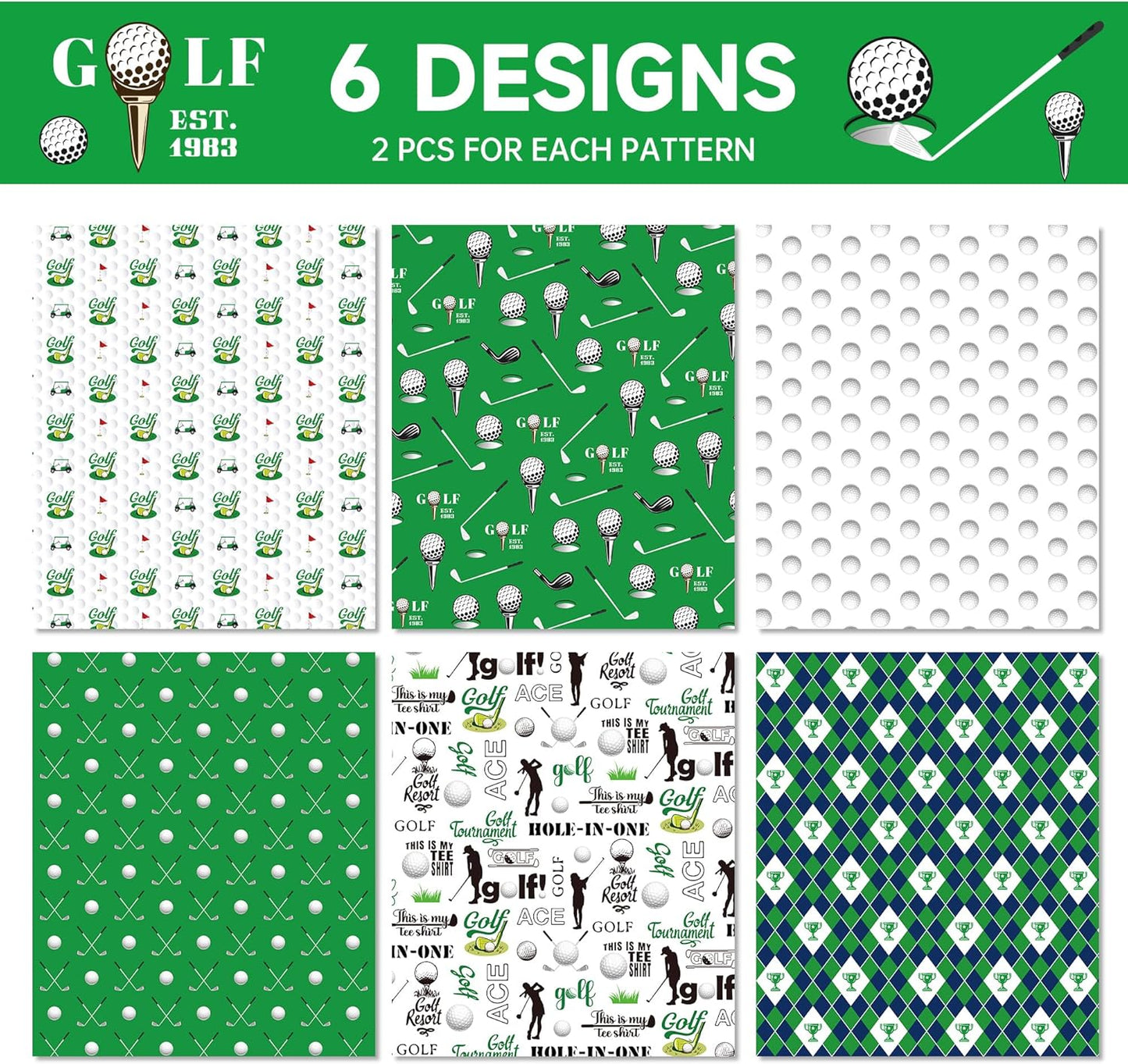 12-Sheet Golf Wrapping Paper Set – 6 Sports-Inspired Designs with Golf Clubs, Balls, Carts & Green Argyle Patterns | Flat Sheets for Birthdays, Retirement Parties & DIY Crafts (20"x27", Not Rolls)