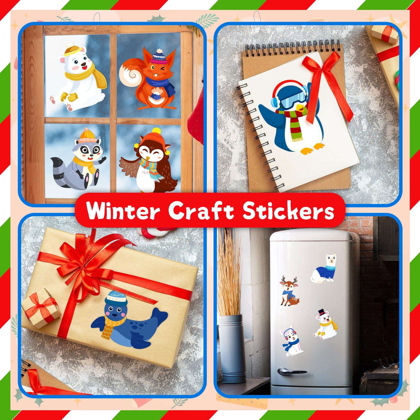 LINAYE 63 Sheets Winter Stickers for Kids Toddlers, Make A Face Winter Animals Crafts Stickers Party Favors Game Activities for Kids Classroom, 9 Designs, Christmas Goodie Treat Bag Stocking Stuffers