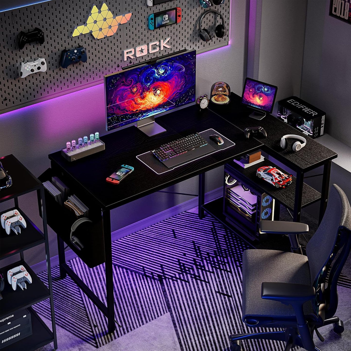 L Shaped Computer Desk with Reversible Shelves, 47 Inch Small Corner Desk with Storage Bag, Gaming Desk Computer Table Study Writing Table for Home Office Bedroom Small Space, Black