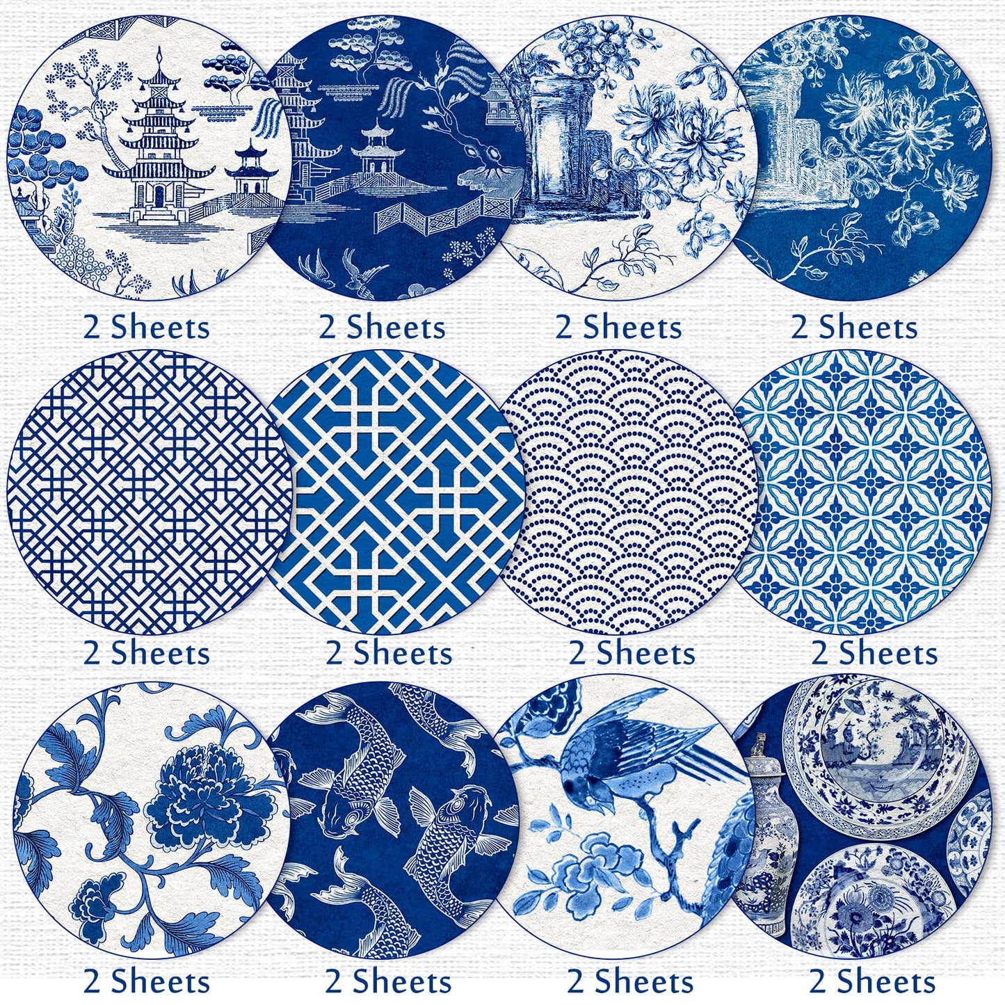 Whaline 24 Sheets Chinoiserie Pattern Paper 12 Design Blue China Scrapbook Specialty Double-Sided Collection Oriental Decorative Craft Paper for DIY Card Making Photo Album Journal Decor