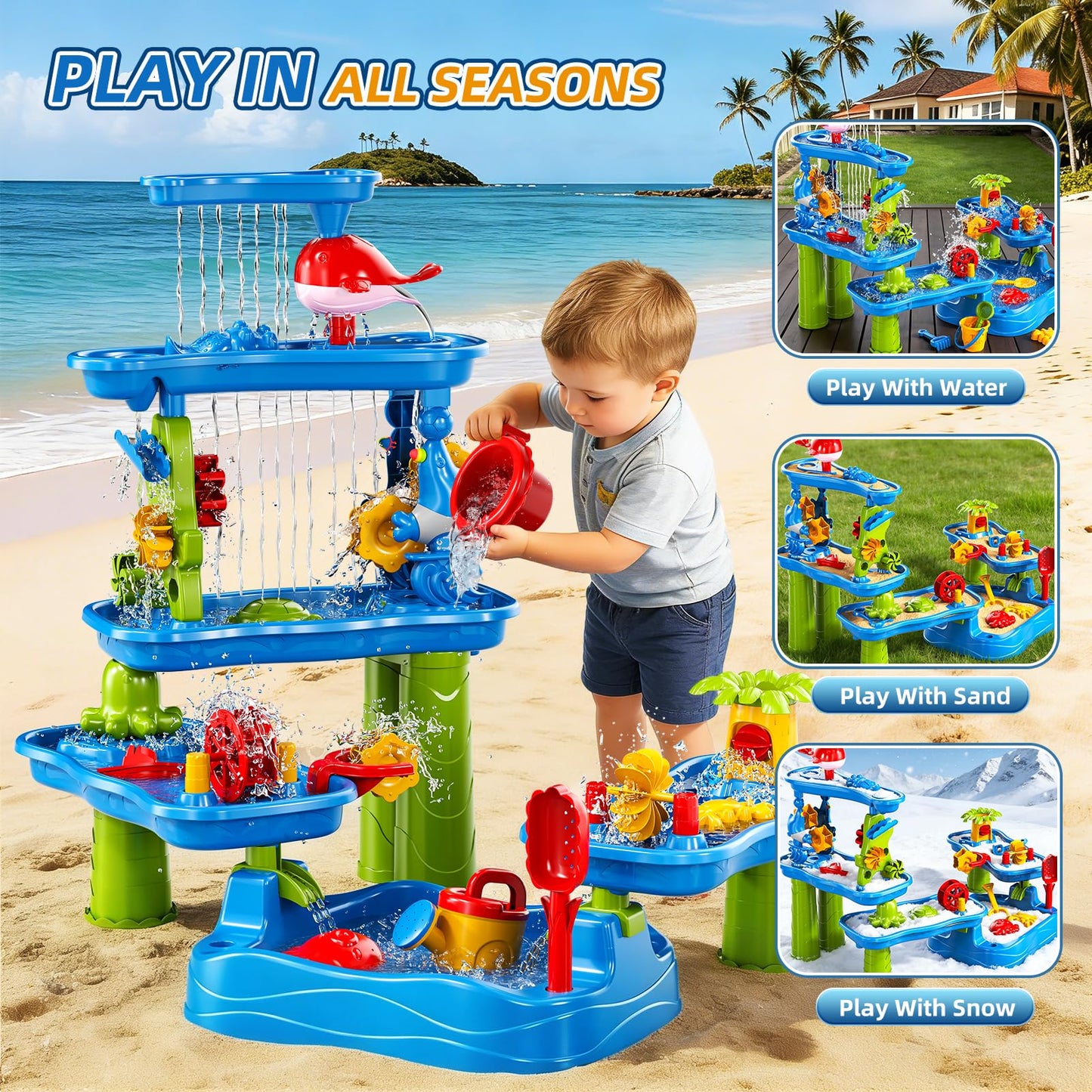 Sand and Water Table for Toddlers 18M+, 5-Tier Outdoor Toys and Play Activity Set for Kids Boys Girls Toddlers Ages 3 4 5 6 7 8 Years, Kids Sand Water Play Table Summer Beach & Pool Toys for Yard