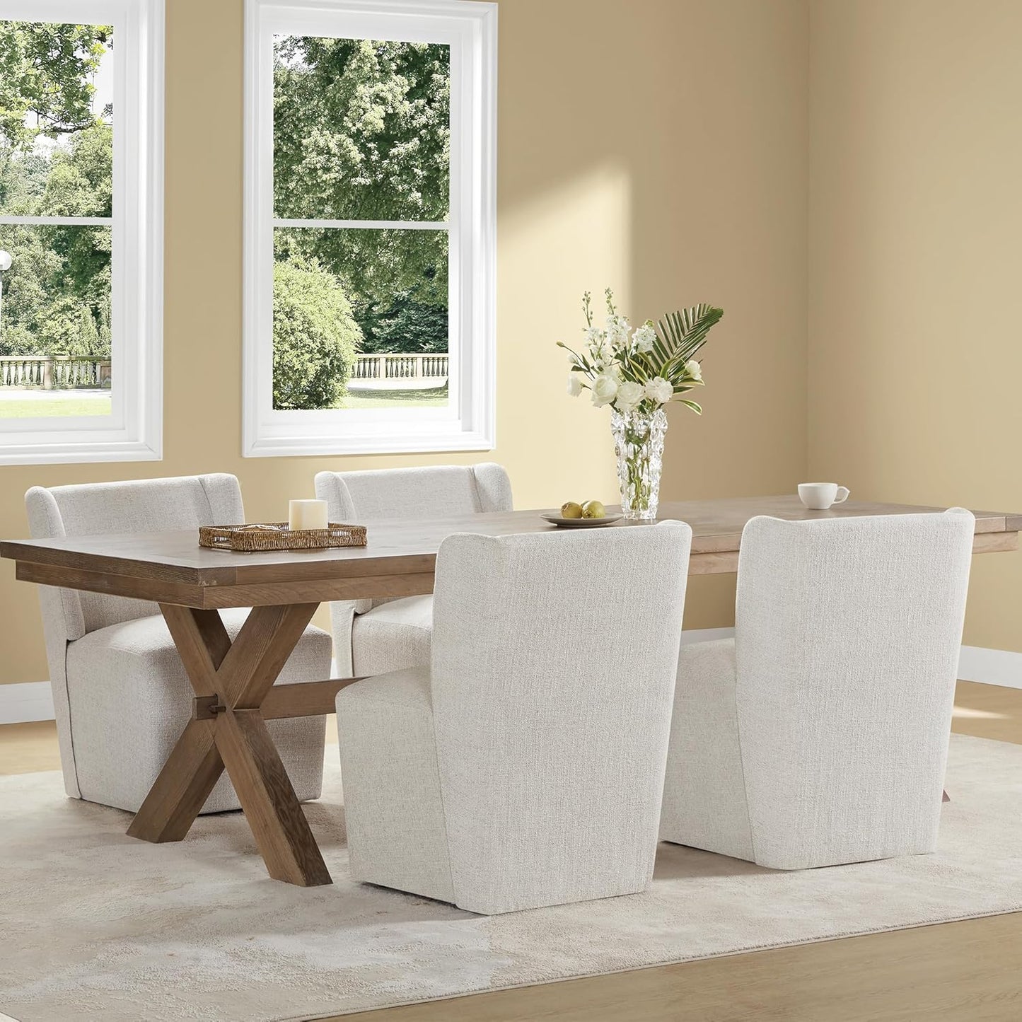 Upholstered Dining Chair with Casters Wingback Modern Side Armless Deskchair with Rollers for Diningroom Bedroom Livingroom Reading Room,Linen,1 Box