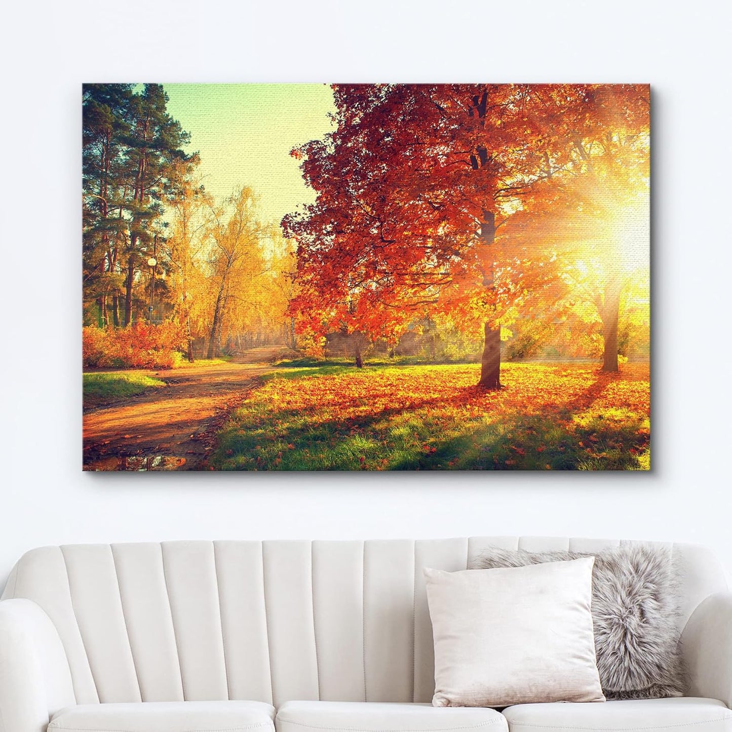 wall26 Canvas Print Wall Art Path Through Red & Orange Autumn Park Nature Wilderness Photography Modern Art Rustic Scenic Colorful Multicolor for Living Room, Bedroom, Office - 12"x18"