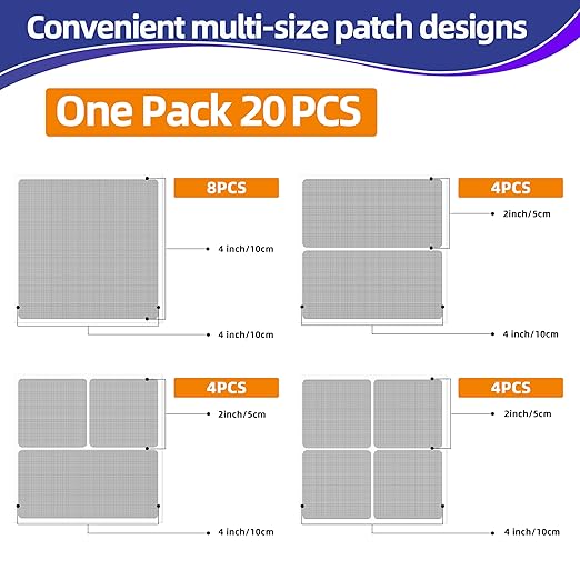 KING MOUNTAIN Grey Window Screen Repair Patch, 20Pcs 4" x 4" Heavy Duty Tape for Tears and Holes, Strong Adhesive & Waterproof Kit