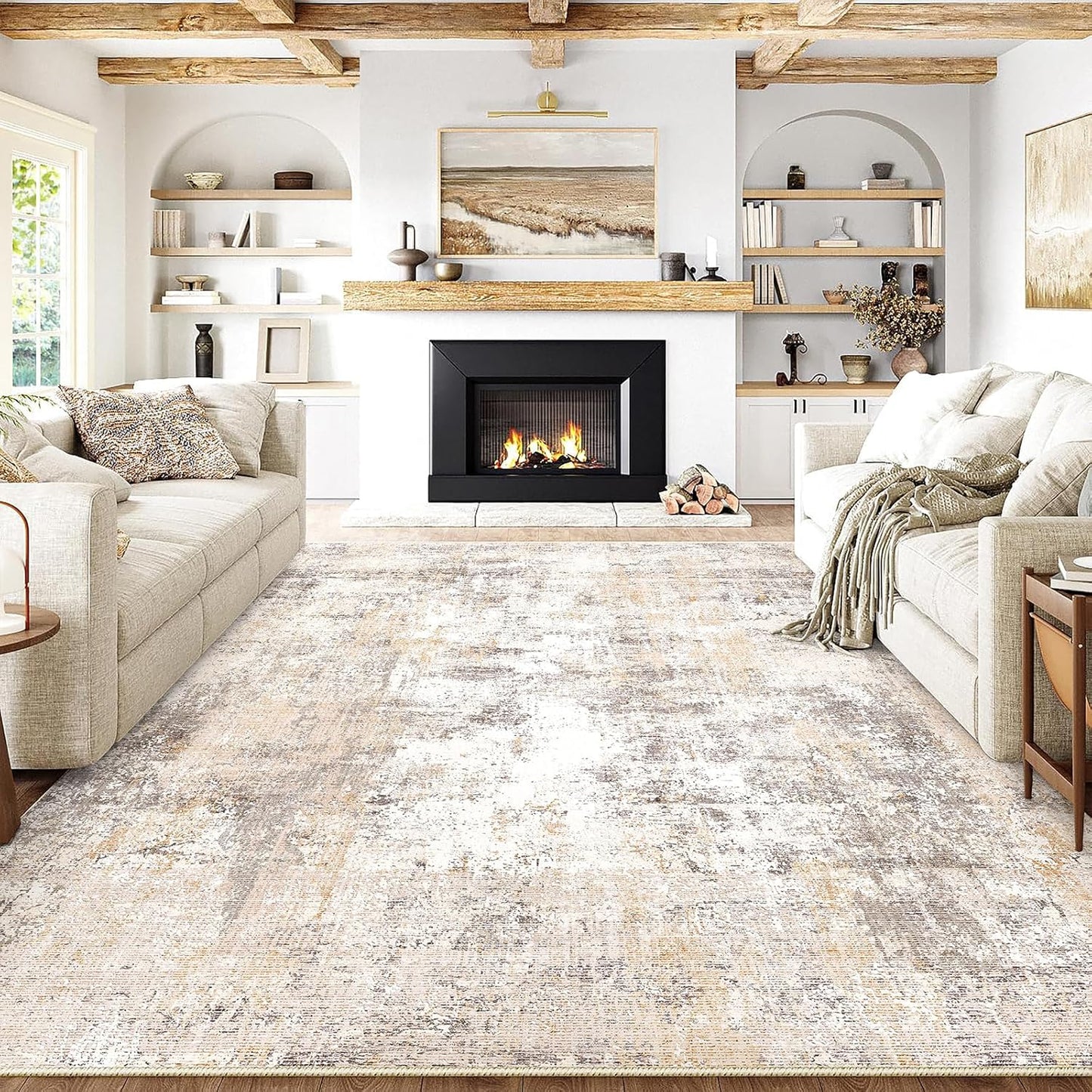 10x12 Washable Area Rug Beige Grey Neutral Abstract Living Room Bedroom Large Throw Rug Non Slip Soft Low Pile Indoor Floor Carpet for Dining Room Kitchen Office Entryway