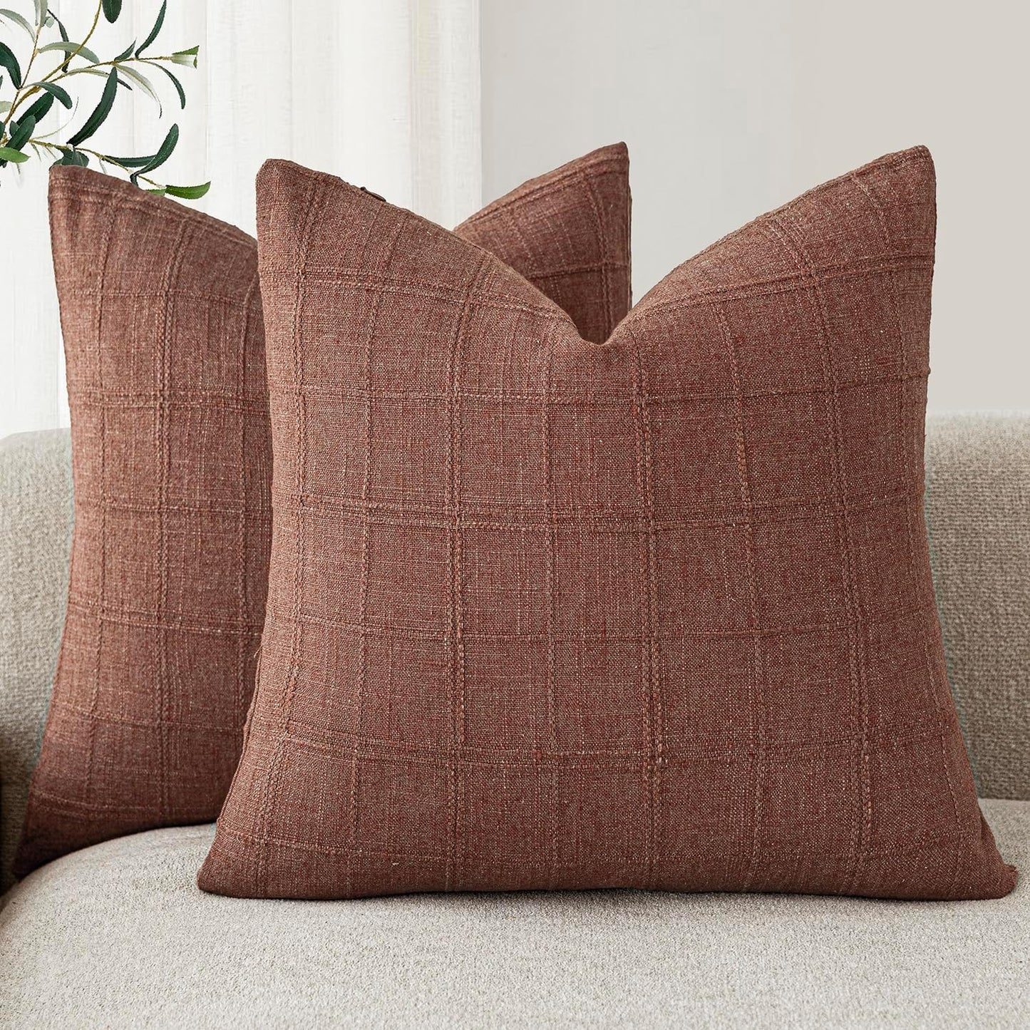 Foindtower Set of 2 Decorative Linen Check Throw Pillow Covers Neutral Farmhouse Vintage Cushion Covers Modern Boho Home Decor for Sofa Chair Couch Bedroom Living Room Outdoor,26×26 Inch,Autumnal Red