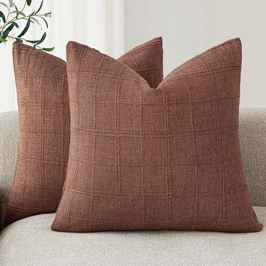 Foindtower Set of 2 Decorative Linen Check Throw Pillow Covers Neutral Farmhouse Vintage Cushion Covers Modern Boho Home Decor for Sofa Chair Couch Bedroom Living Room Outdoor,26×26 Inch,Autumnal Red