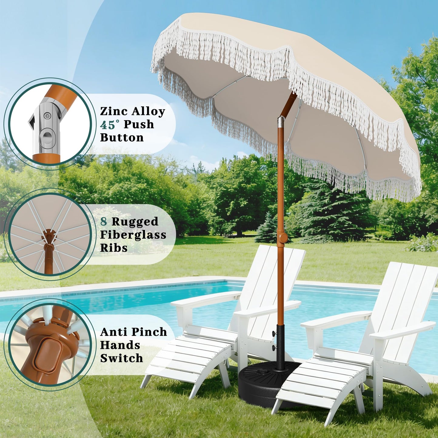 AreShark 7ft Patio Umbrella with Fringe, UPF50+ Beach Umbrella for Table, Pool & Garden, Portable Outdoor Tassels Umbrella w/Fiberglass Ribs&Push Bottom Tilt(Ivory)