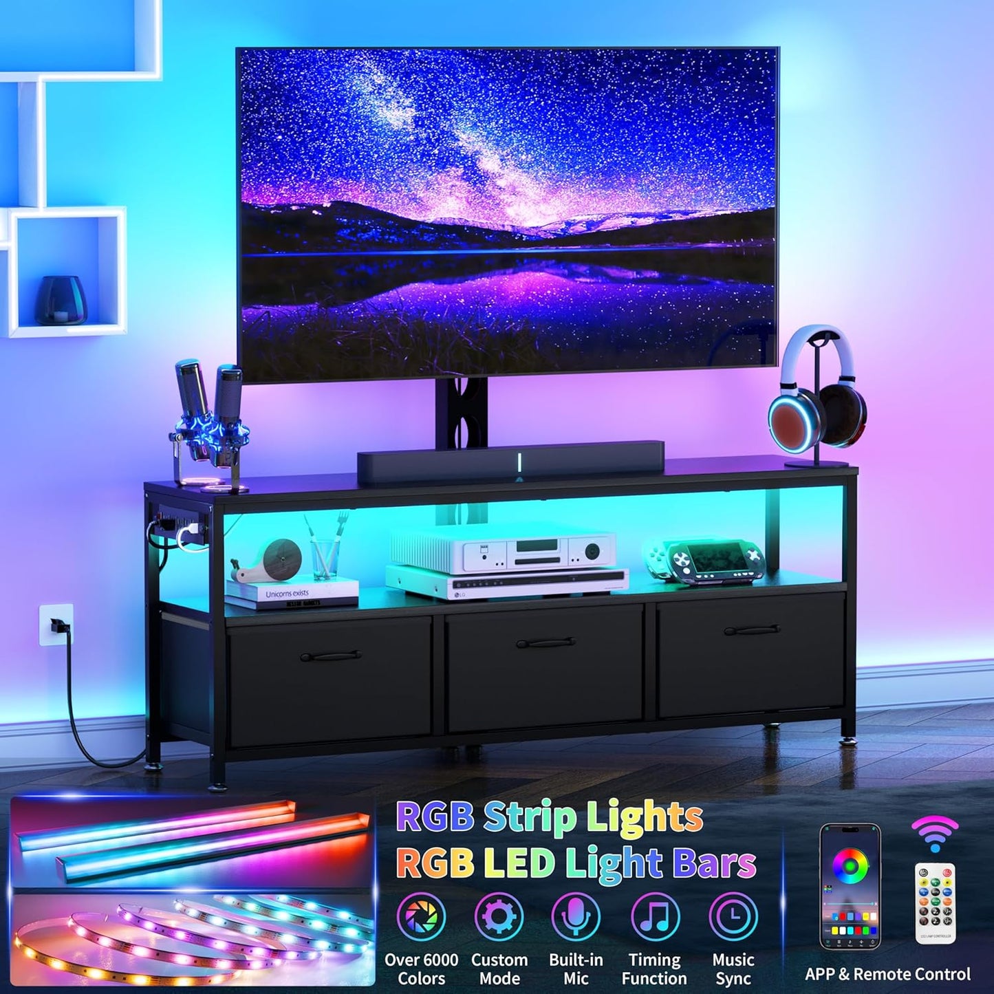 JUSTOGO TV Stand with Mount and Power Outlet, TV Stand Mount with Storage for Living Room, Entertainment Center with LED Lights for 45/55/60/65 inch, Height Adjustable Media Console, Black