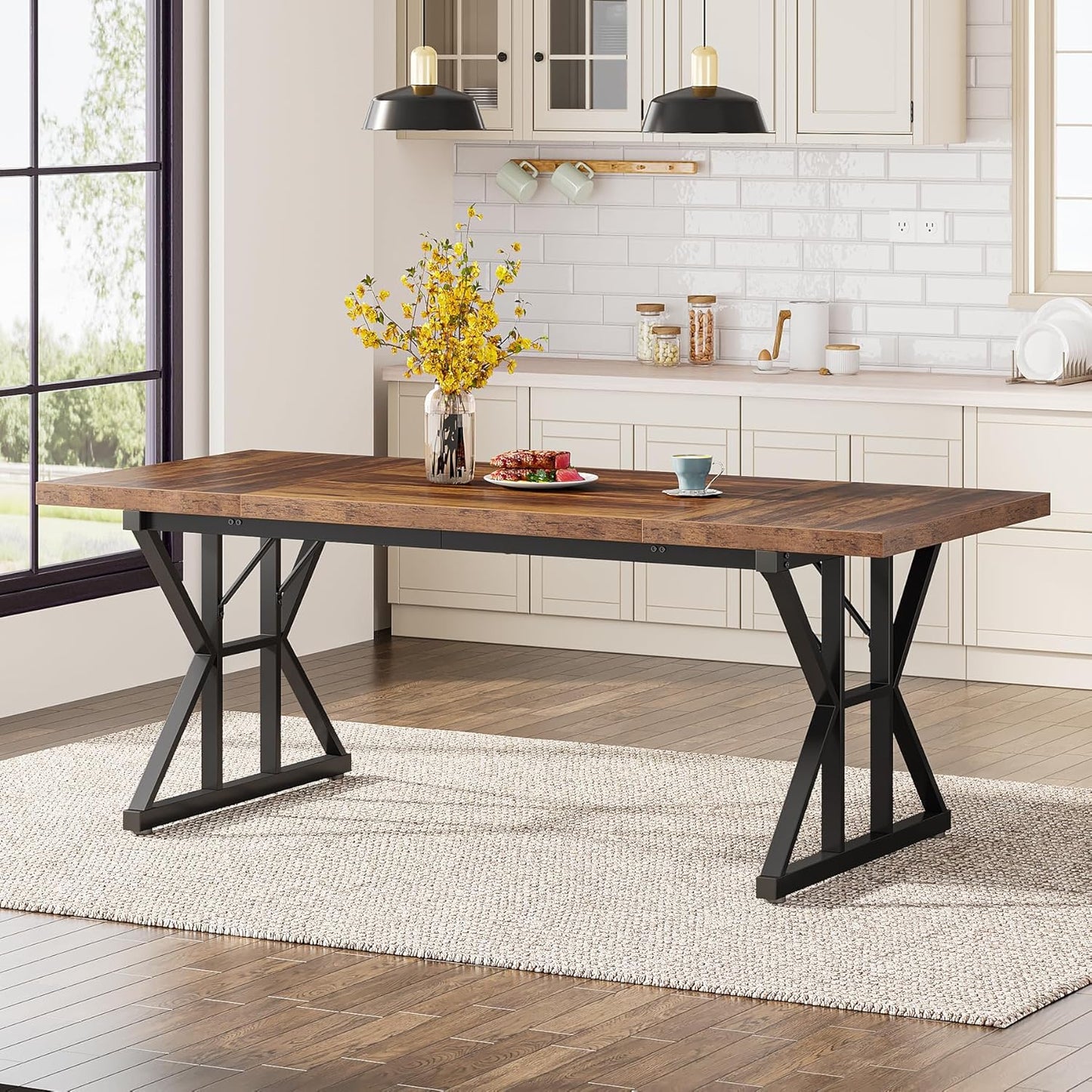 Tribesigns Farmhouse Dining Table for 6 People, 70.8-Inch Rectangular Wood Dining Table, Rustic Kitchen Table with Heavy Duty Metal Legs for Dining Room