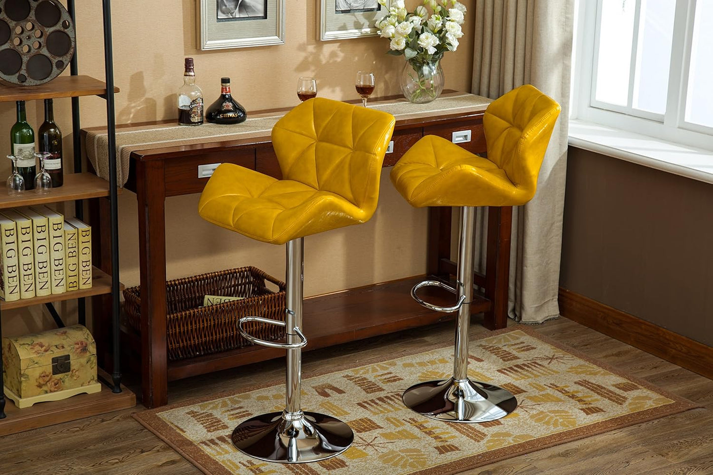 Roundhill Furniture Glasgow Contemporary Tufted Adjustable Height Hydraulic Yellow Bar Stools, Set of 2,