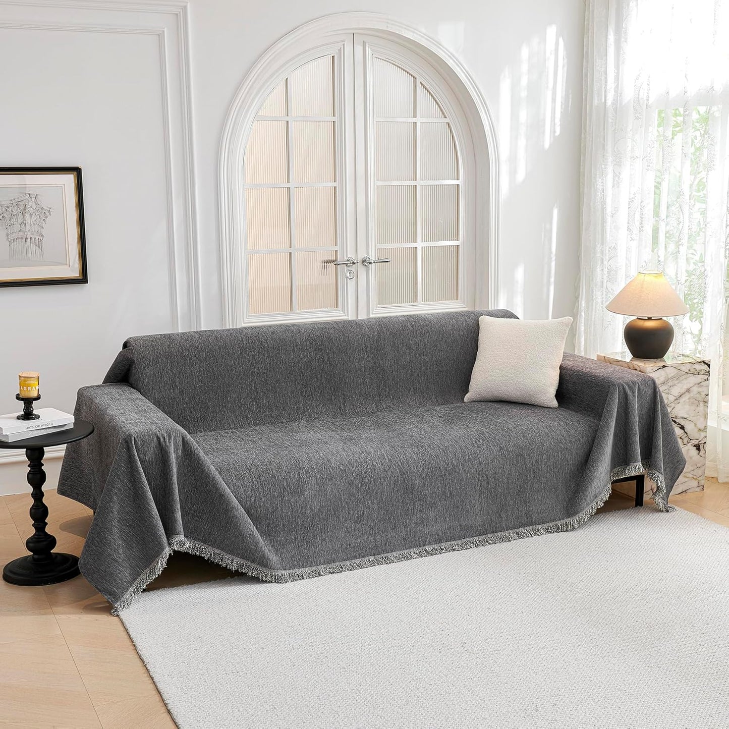 MYSKY HOME Couch Cover for Sofa Couch Covers for Pets, Non Slip Dogs Furniture Protector with Tassels for Living Room Non Slip Washable Furniture Protector Cover for Pet, Cat, 91"x118", Dark Grey