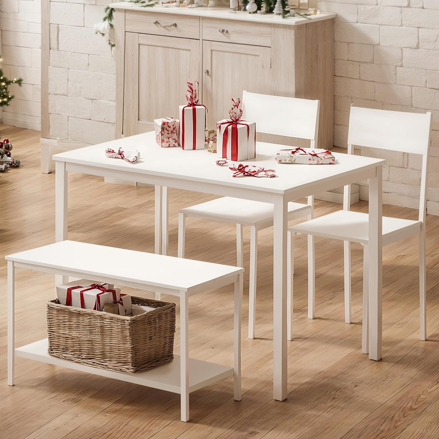sogesfurniture 4-Piece Bench Style Dining Table Set, 4-Person Space-Saving Dinette for Kitchen，43'' Wood Kitchen Table & Chair Set for Breakfast Nook and Small Space, White
